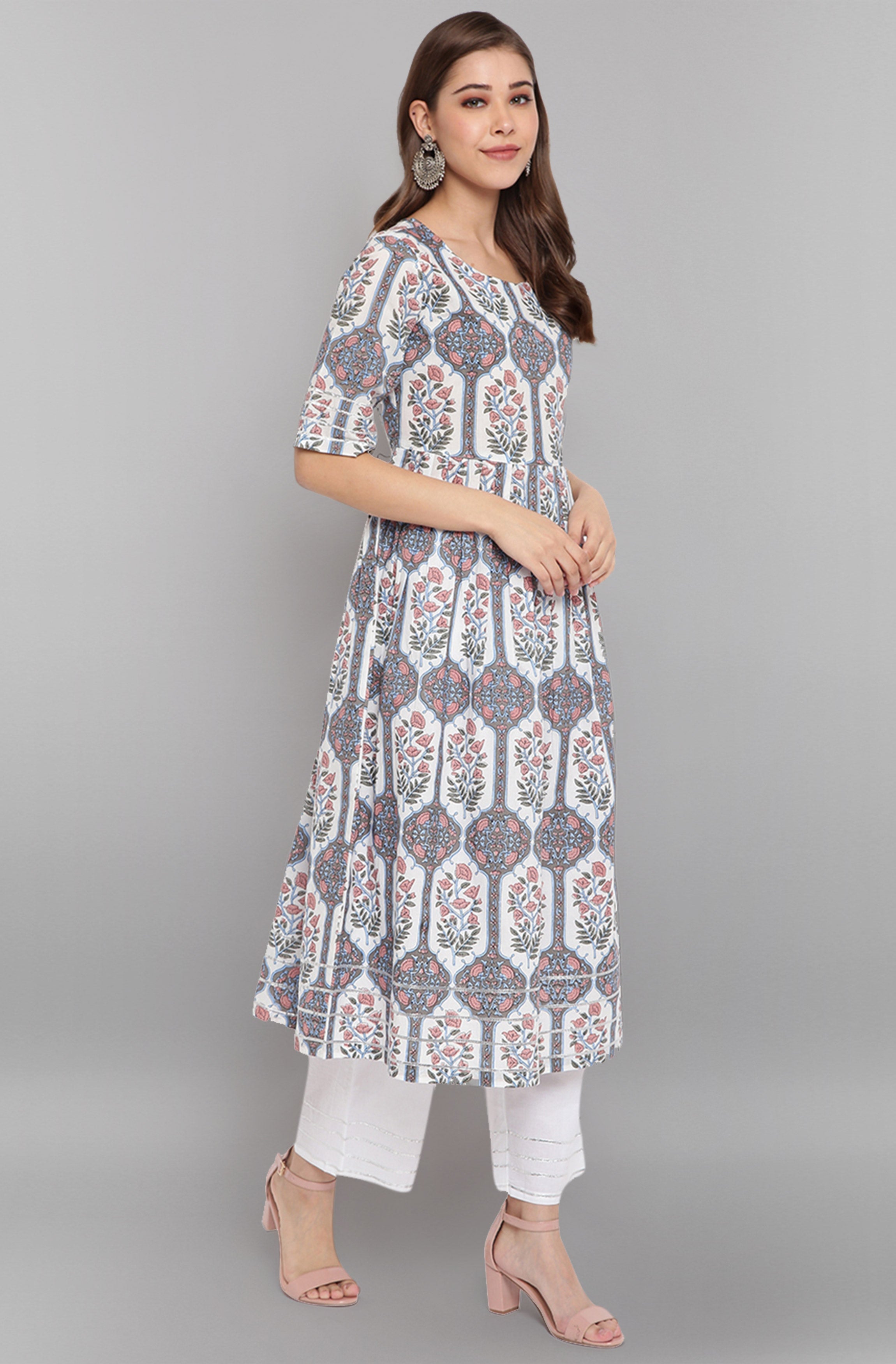 Janasya Women's White Cotton Botanical Print Kurta With Palazzo And Dupatta