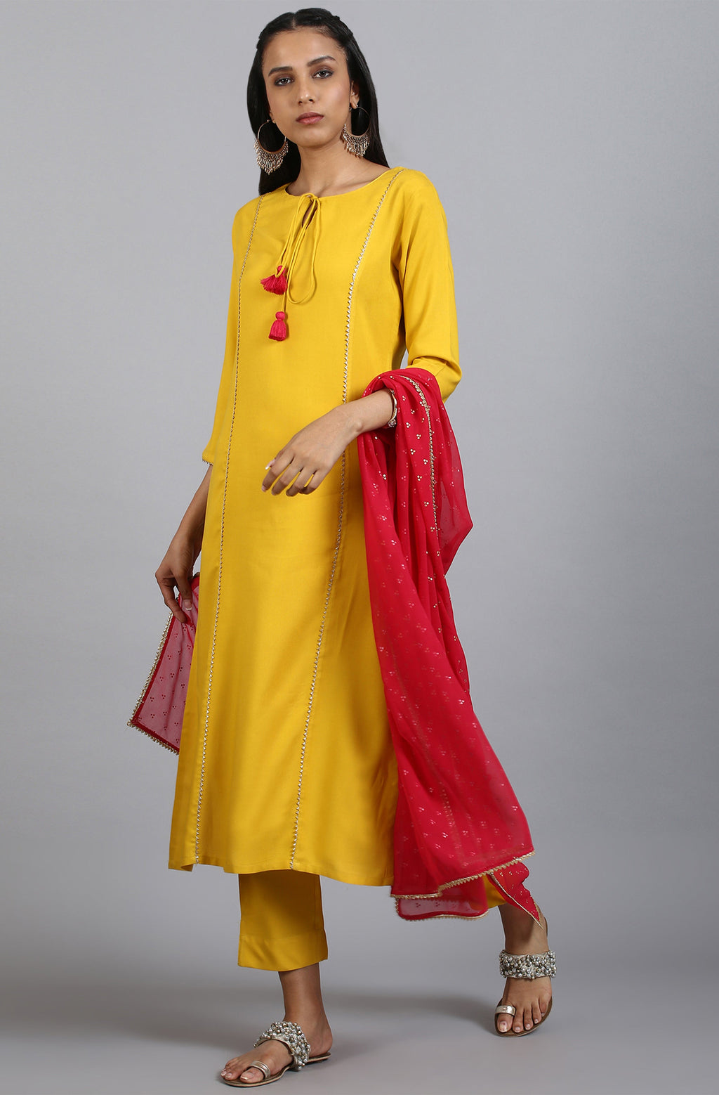 Janasya Women's Mustard Rayon Solid Kurta With Pant And Dupatta