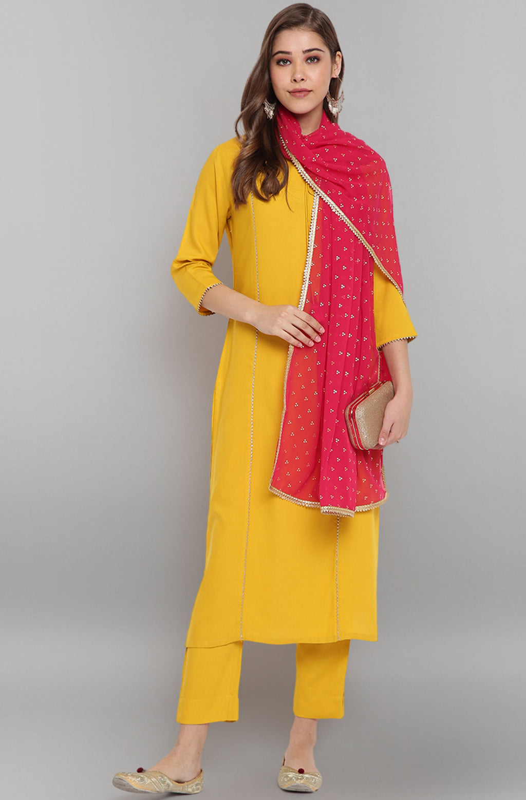 Janasya Women's Mustard Rayon Solid Kurta With Pant And Dupatta