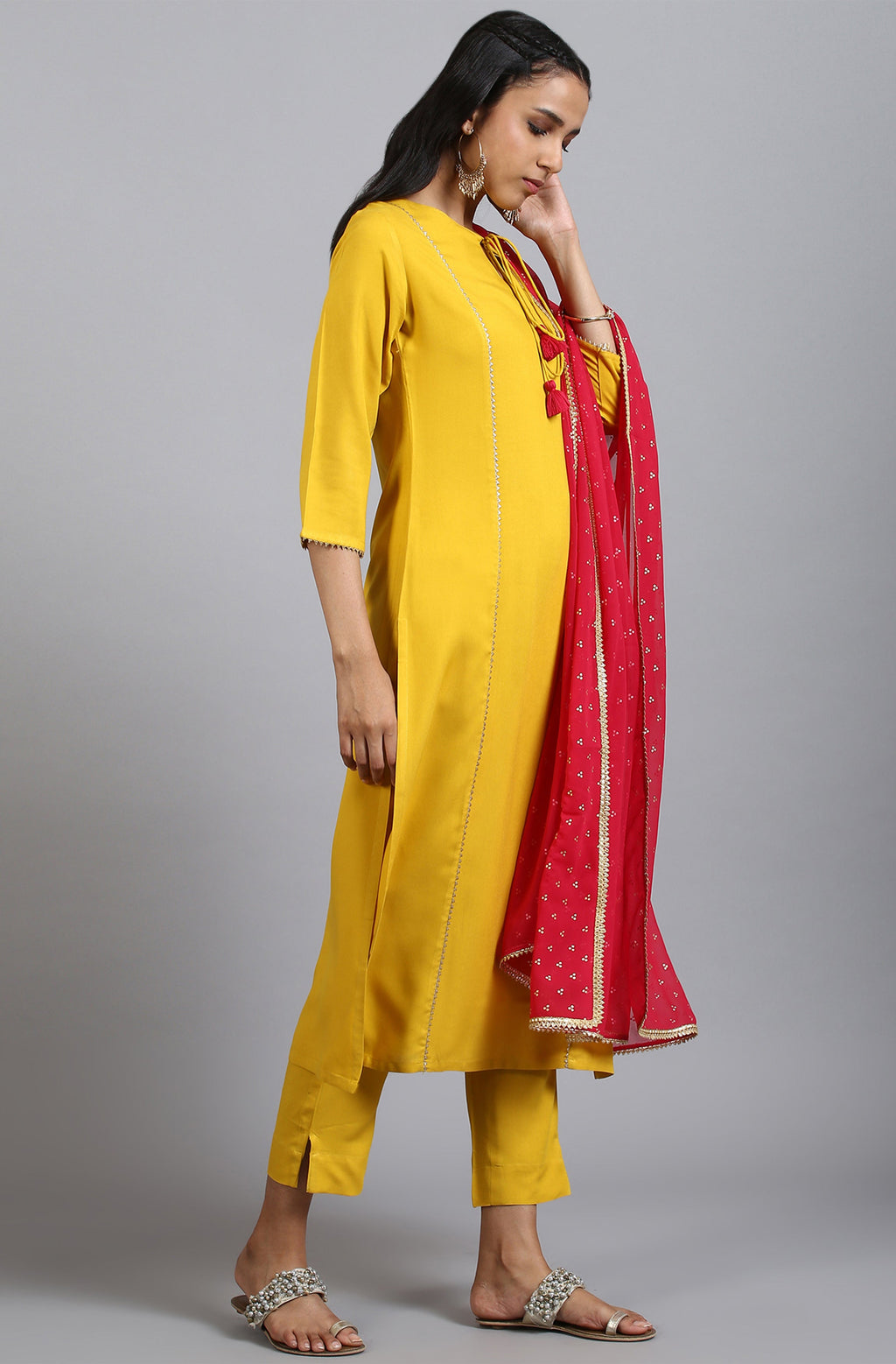 Janasya Women's Mustard Rayon Solid Kurta With Pant And Dupatta
