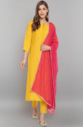Janasya Women's Mustard Rayon Solid Kurta With Pant And Dupatta