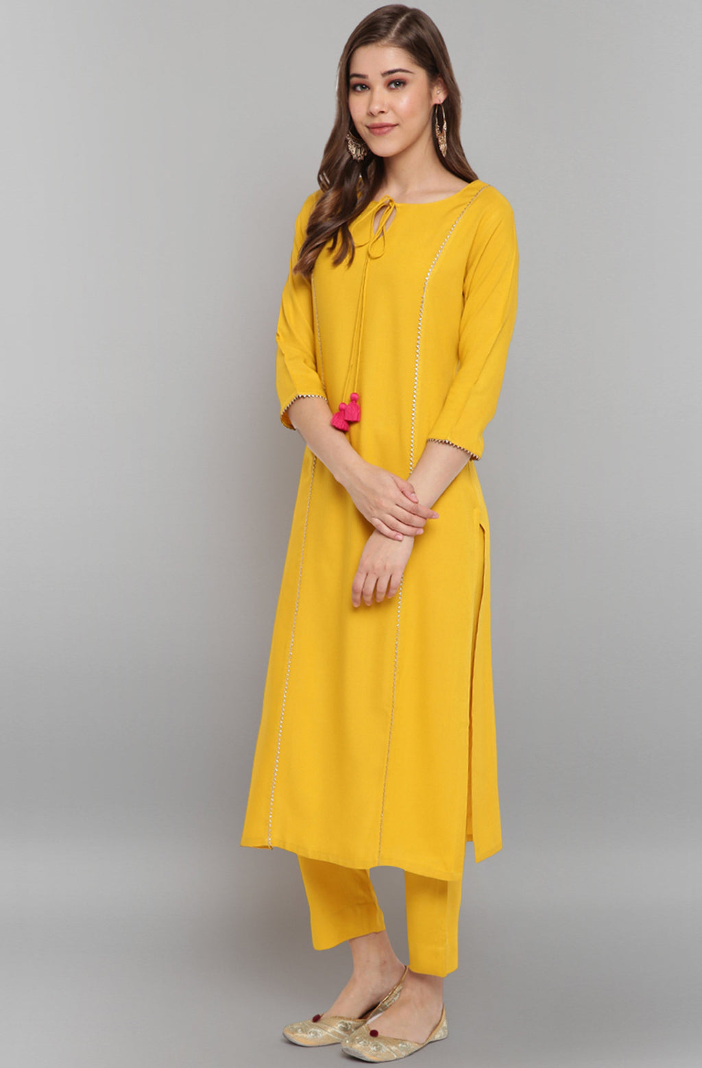 Janasya Women's Mustard Rayon Solid Kurta With Pant And Dupatta