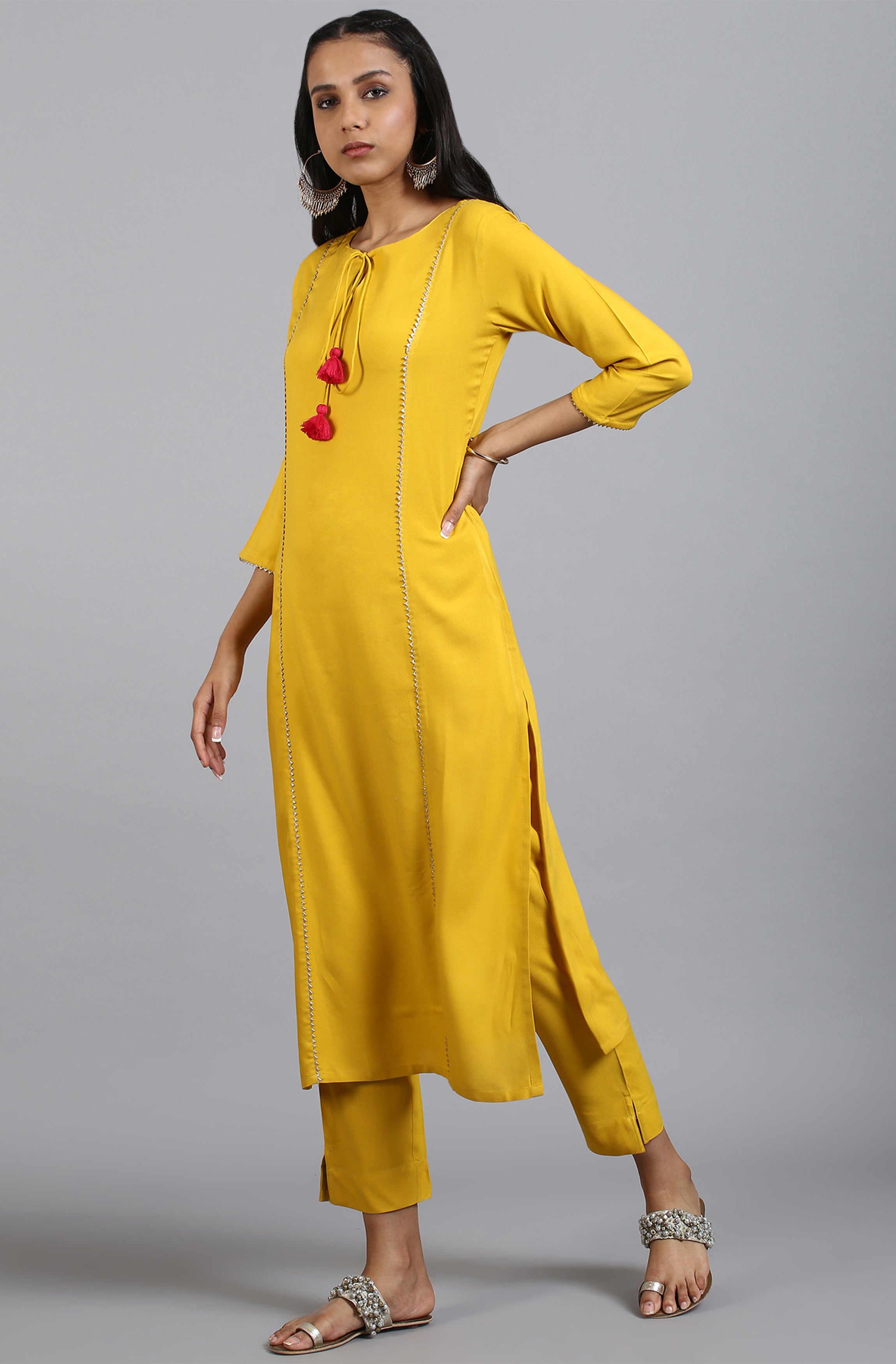 Janasya Women's Mustard Rayon Solid Kurta With Pant And Dupatta