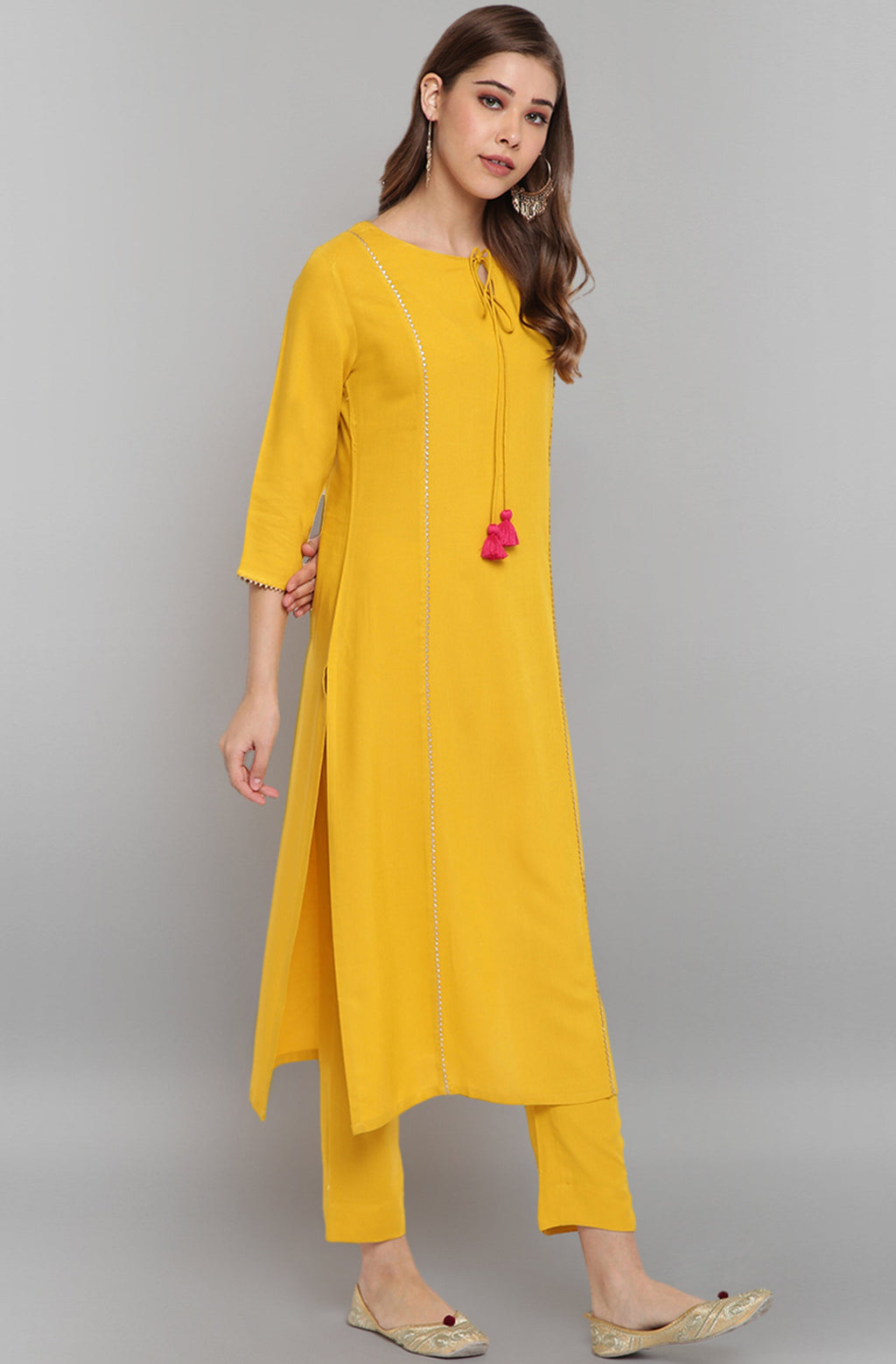 Janasya Women's Mustard Rayon Solid Kurta With Pant And Dupatta