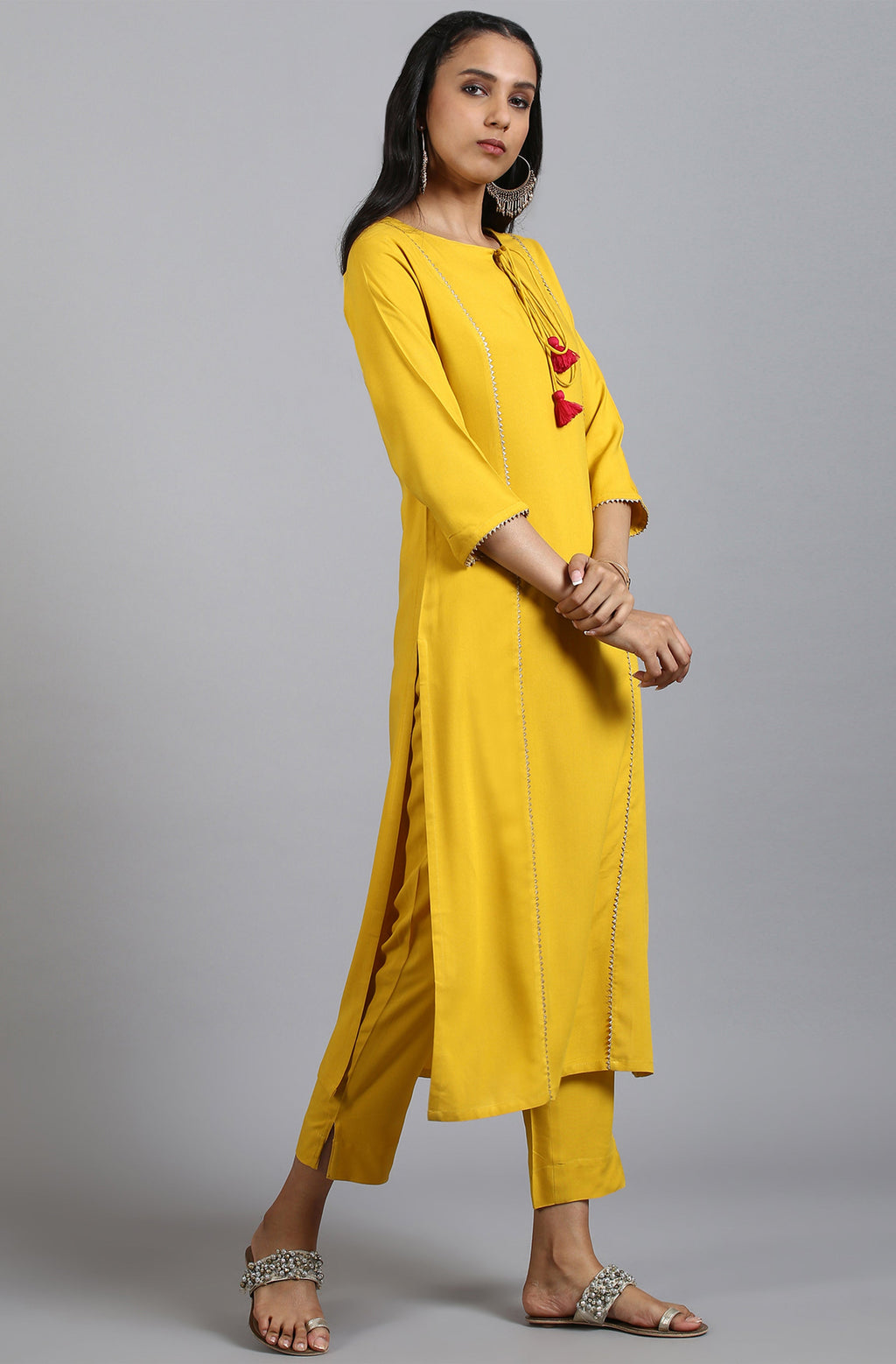 Janasya Women's Mustard Rayon Solid Kurta With Pant And Dupatta