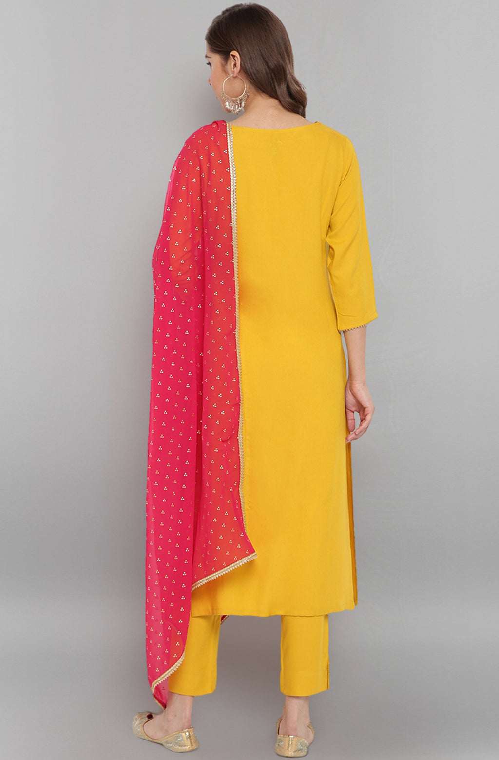 Janasya Women's Mustard Rayon Solid Kurta With Pant And Dupatta