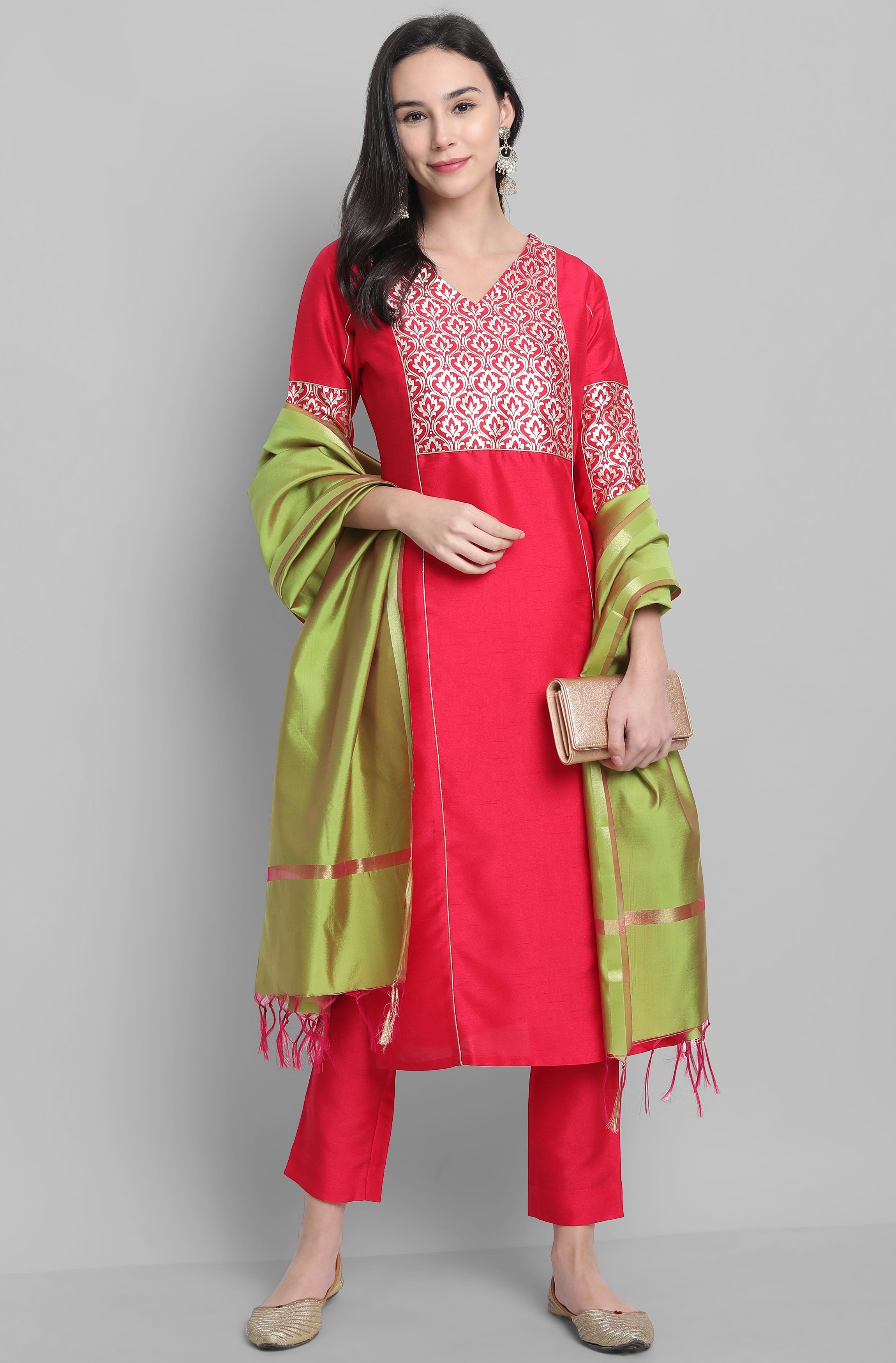 Janasya Women's Pink Poly Silk Floral Printed Straight Festive Kurta Set