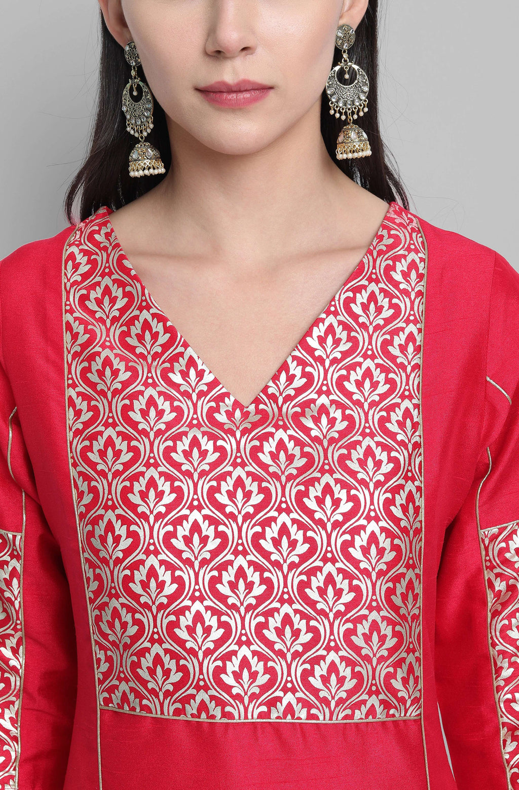 Janasya Women's Pink Poly Silk Floral Printed Straight Festive Kurta Set