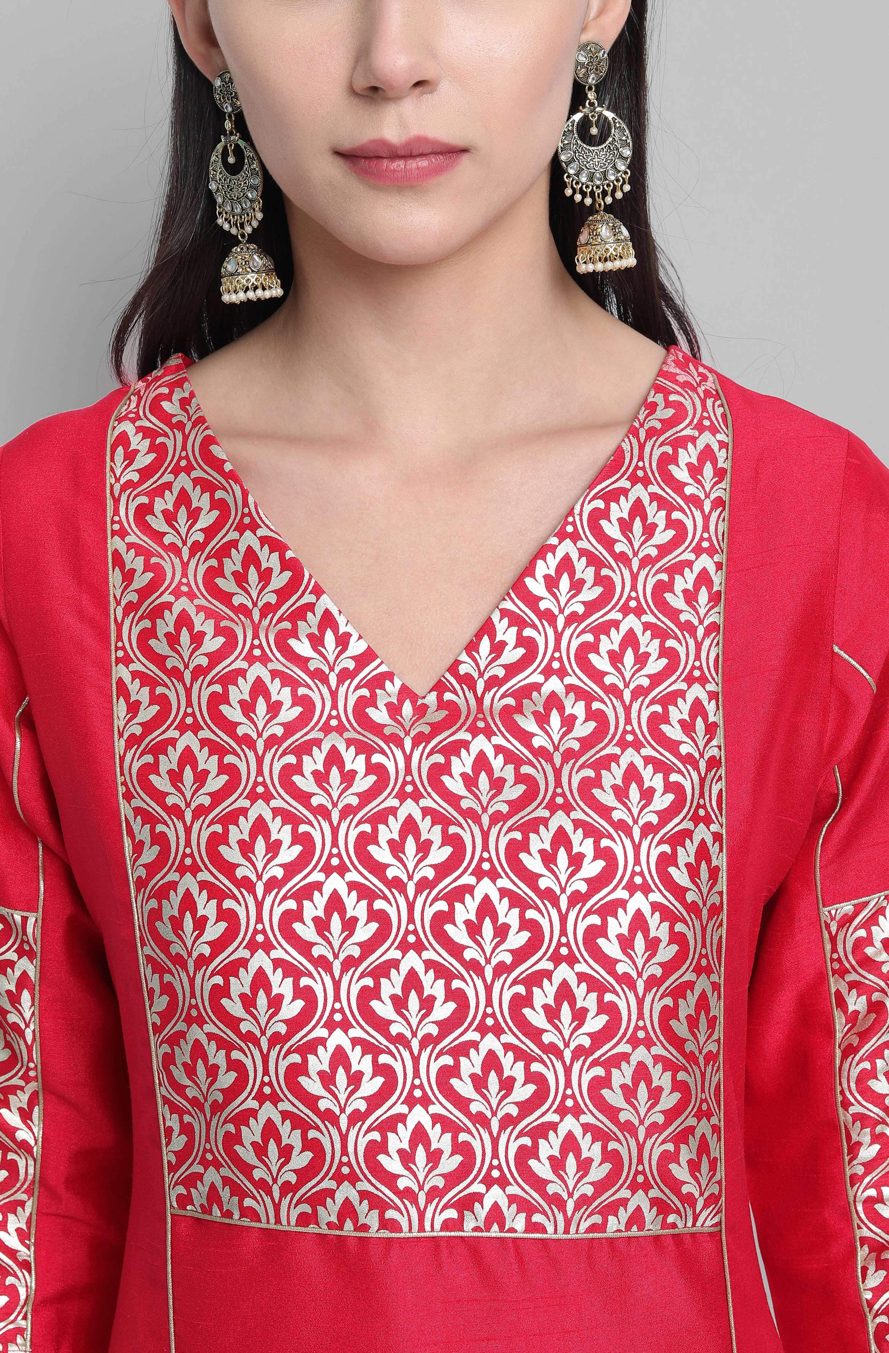 Janasya Women's Pink Poly Silk Floral Printed Straight Festive Kurta Set