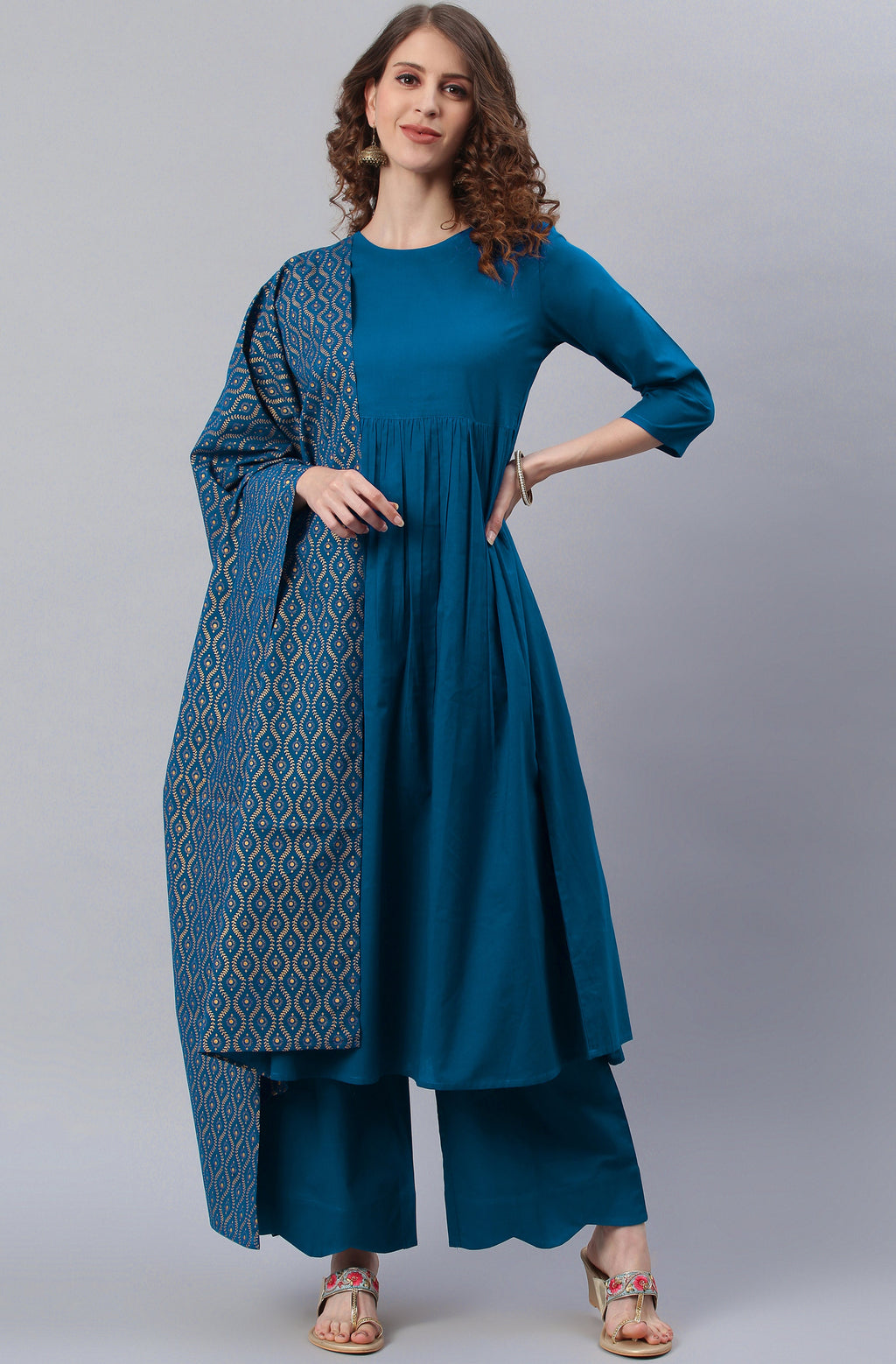 Janasya Women's Blue Cotton Solid Kurta With Palazzo And Dupatta