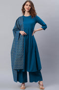 Janasya Women's Blue Cotton Solid Kurta With Palazzo And Dupatta