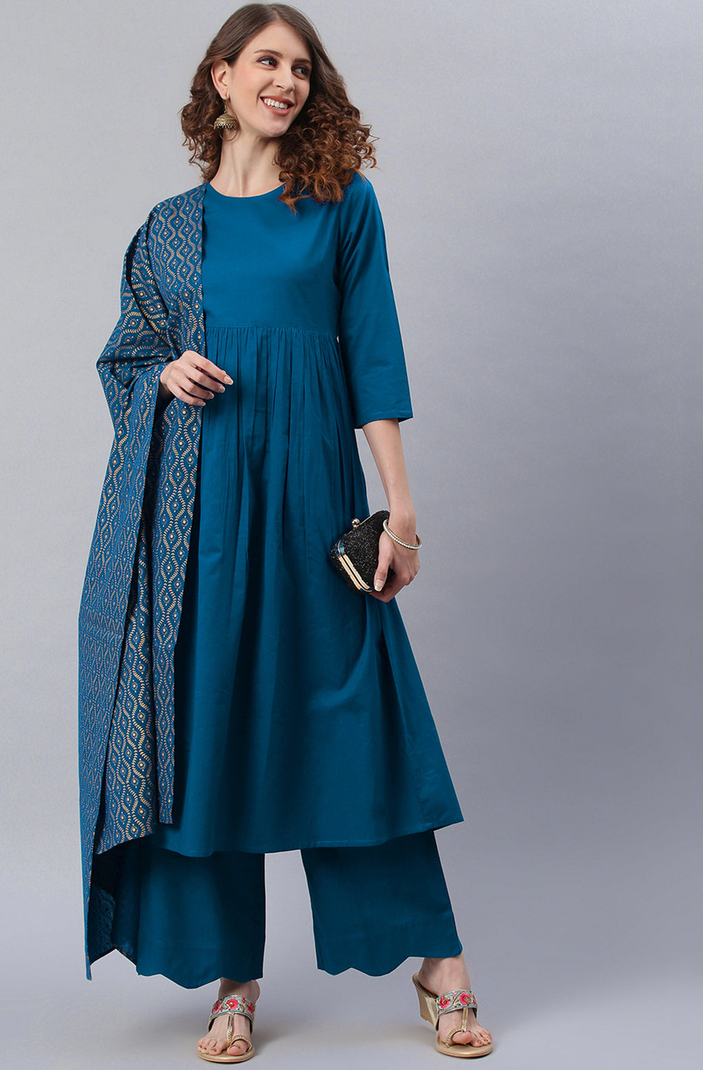 Janasya Women's Blue Cotton Solid Kurta With Palazzo And Dupatta