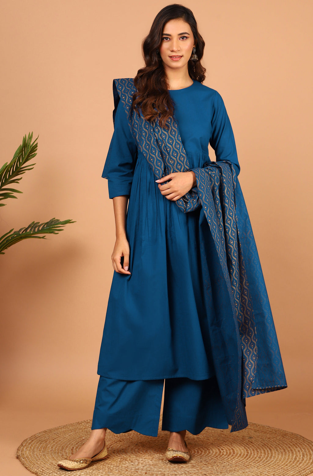 Janasya Women's Blue Cotton Solid Kurta With Palazzo And Dupatta