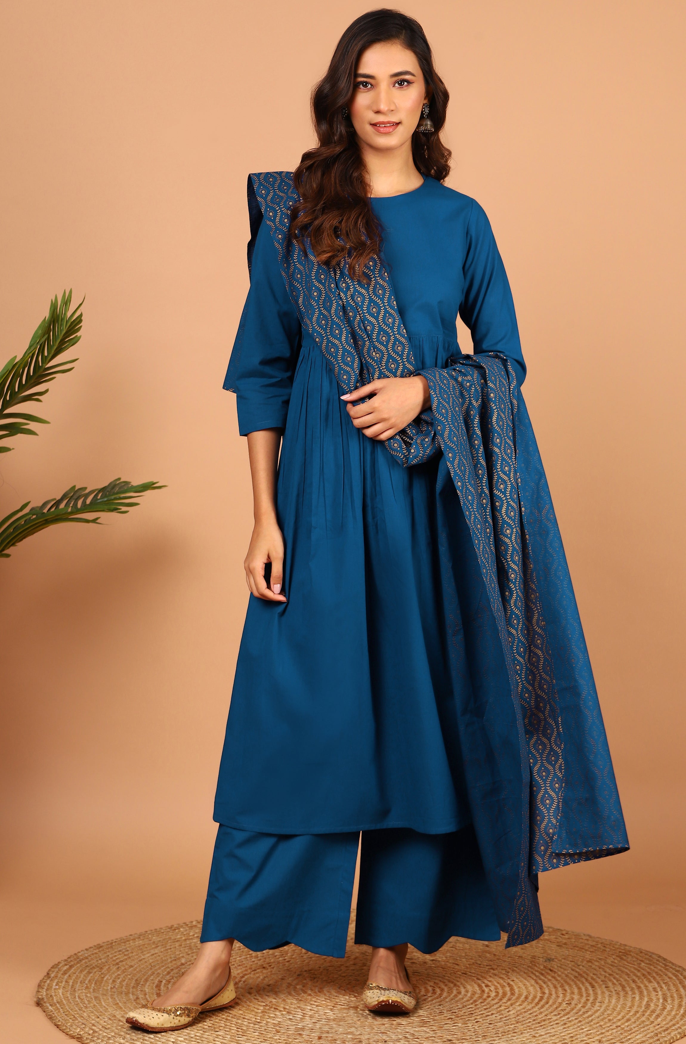 Janasya Women's Blue Cotton Solid Kurta With Palazzo And Dupatta