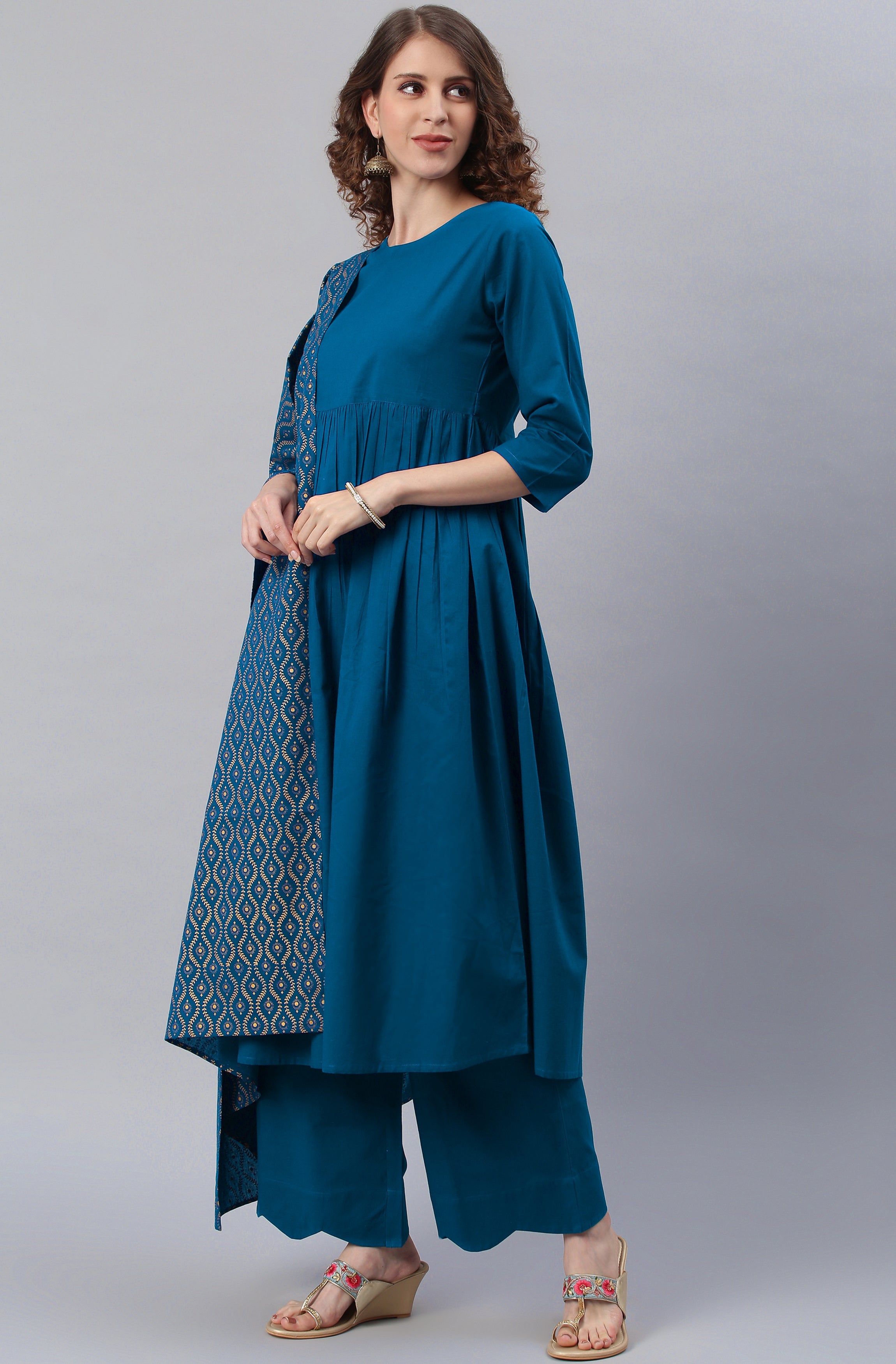 Janasya Women's Blue Cotton Solid Kurta With Palazzo And Dupatta