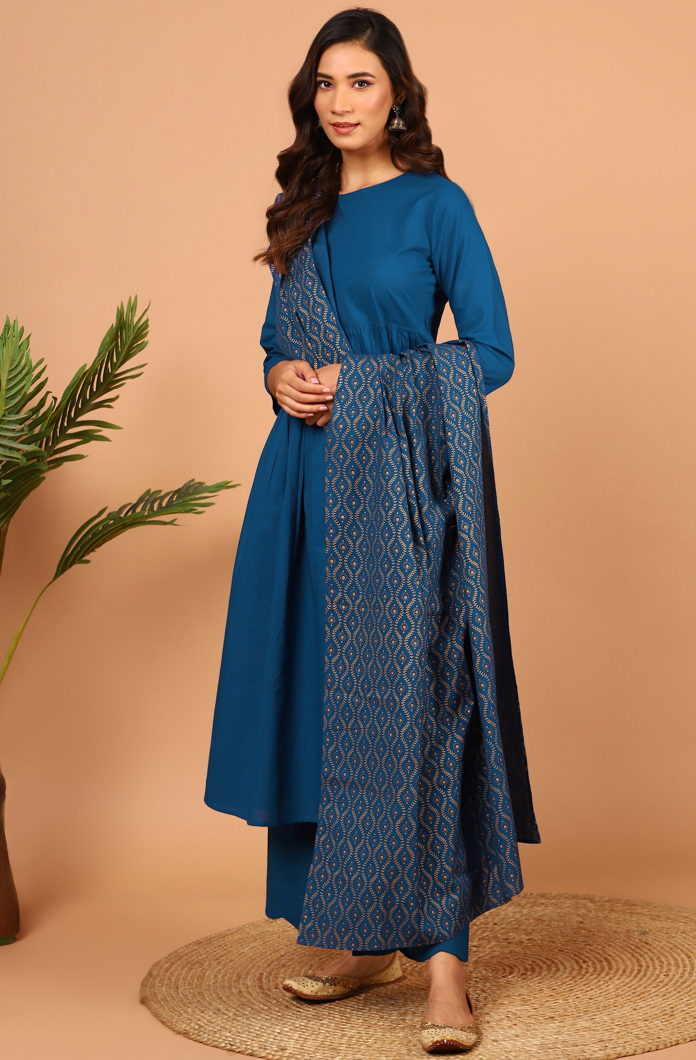 Janasya Women's Blue Cotton Solid Kurta With Palazzo And Dupatta