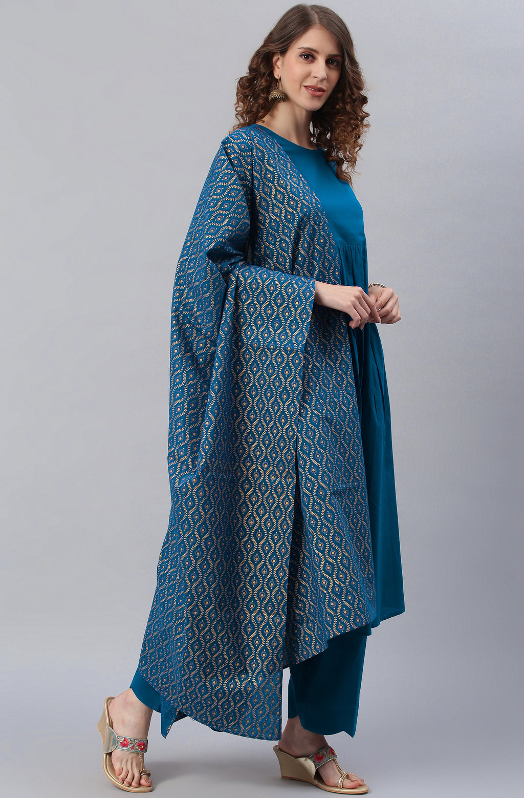 Janasya Women's Blue Cotton Solid Kurta With Palazzo And Dupatta