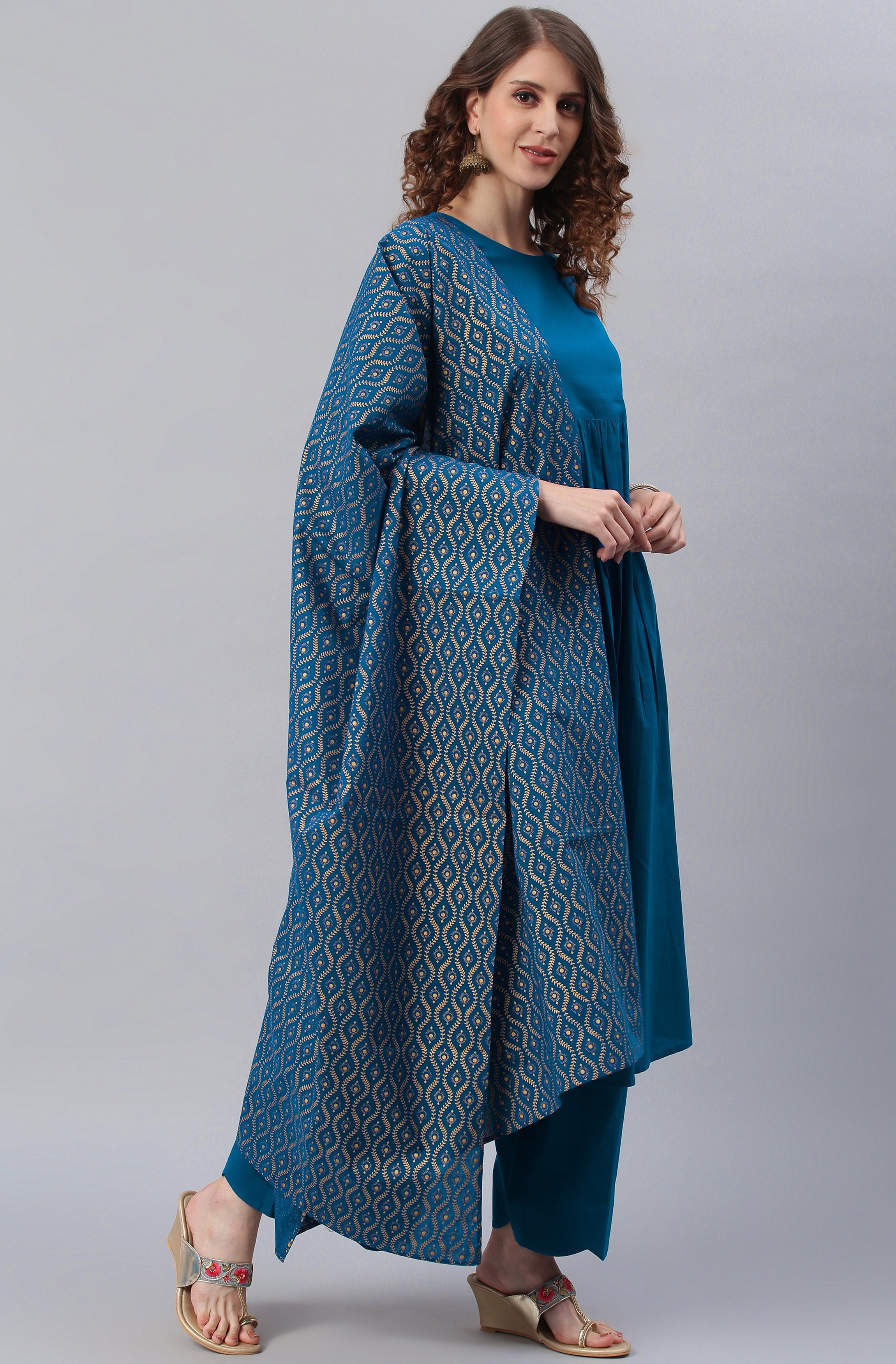 Janasya Women's Blue Cotton Solid Kurta With Palazzo And Dupatta