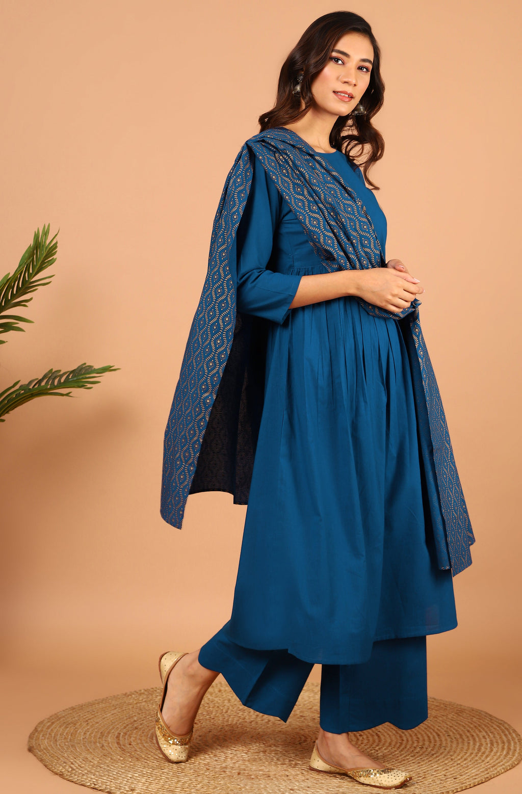 Janasya Women's Blue Cotton Solid Kurta With Palazzo And Dupatta