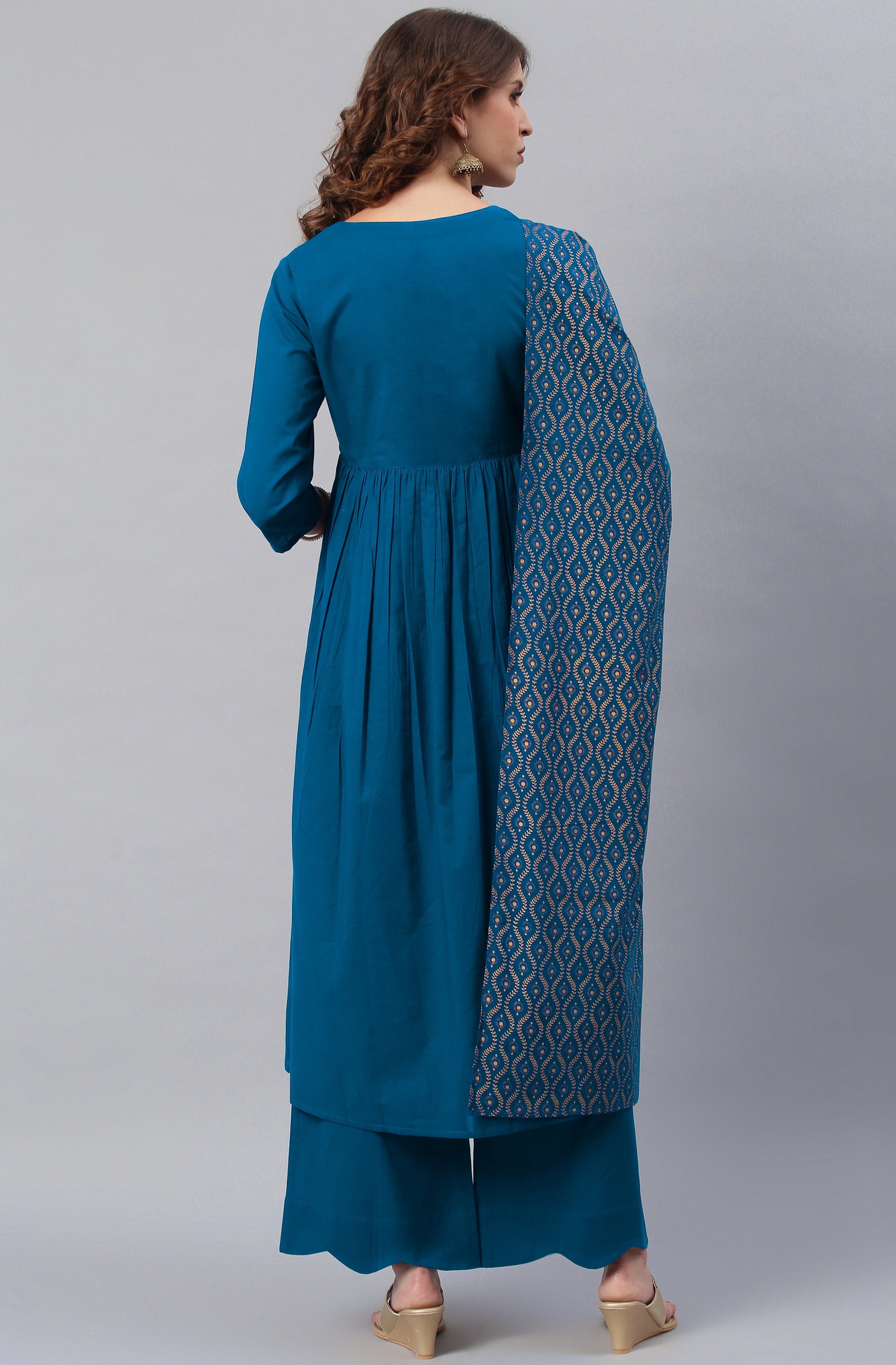 Janasya Women's Blue Cotton Solid Kurta With Palazzo And Dupatta