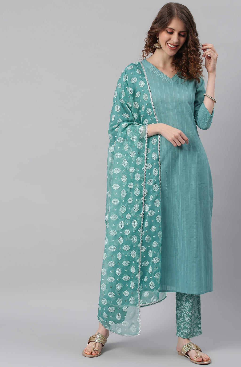 Janasya Women's Turquoise Cotton Striped Kurta With Pant And Dupatta