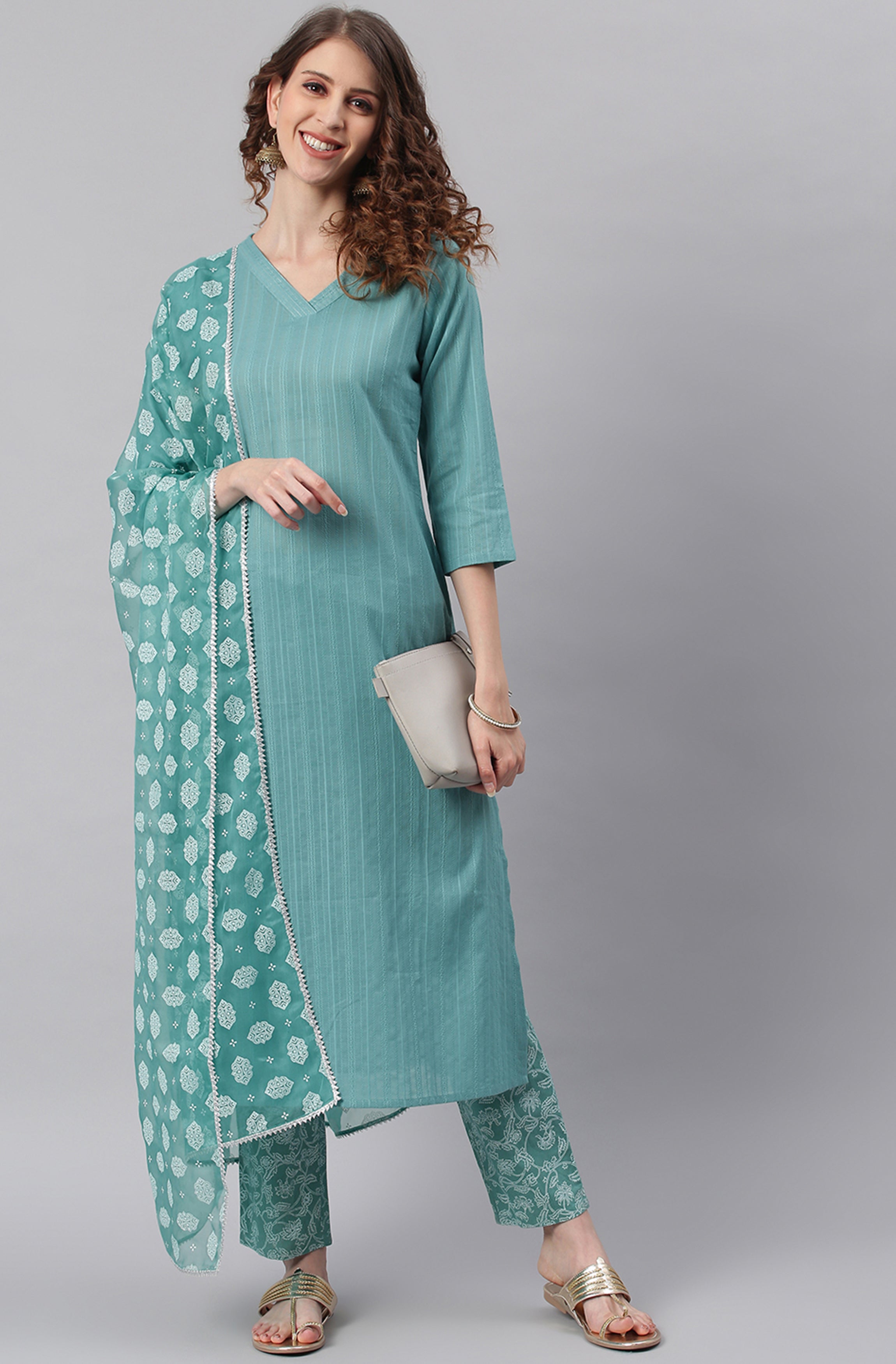 Janasya Women's Turquoise Cotton Striped Kurta With Pant And Dupatta