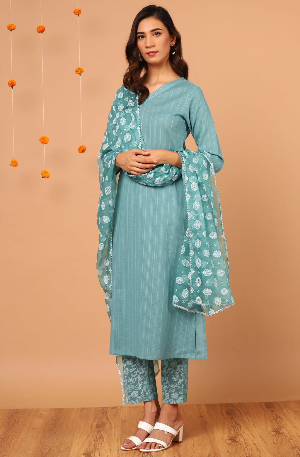 Janasya Women's Turquoise Cotton Striped Kurta With Pant And Dupatta