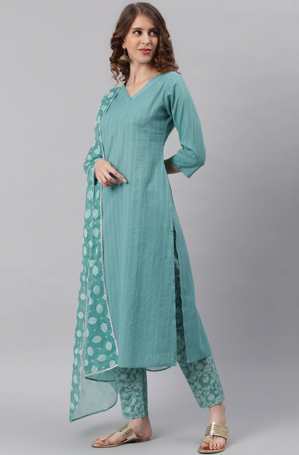 Janasya Women's Turquoise Cotton Striped Kurta With Pant And Dupatta
