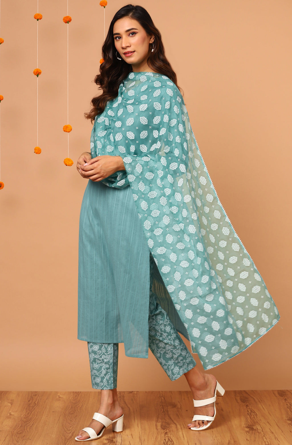 Janasya Women's Turquoise Cotton Striped Kurta With Pant And Dupatta