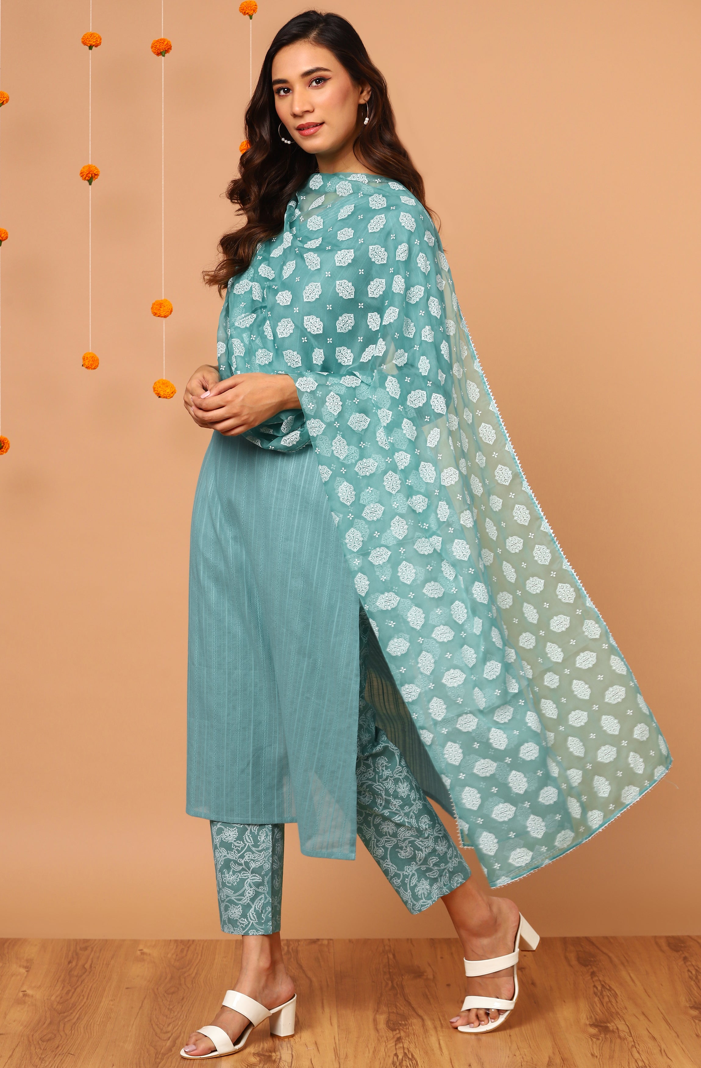 Janasya Women's Turquoise Cotton Striped Kurta With Pant And Dupatta
