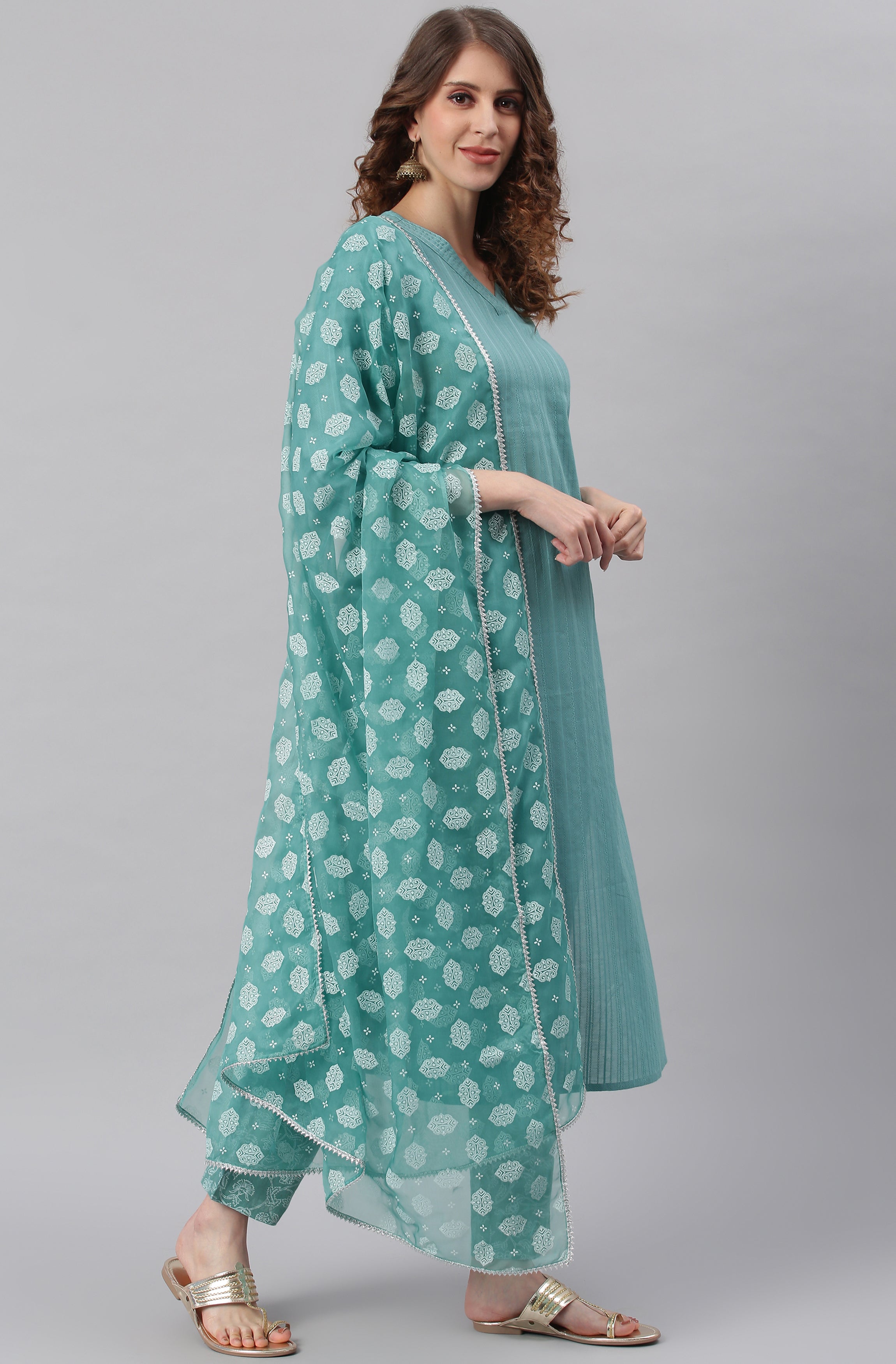 Janasya Women's Turquoise Cotton Striped Kurta With Pant And Dupatta