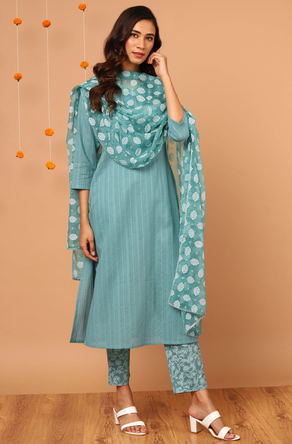 Janasya Women's Turquoise Cotton Striped Kurta With Pant And Dupatta