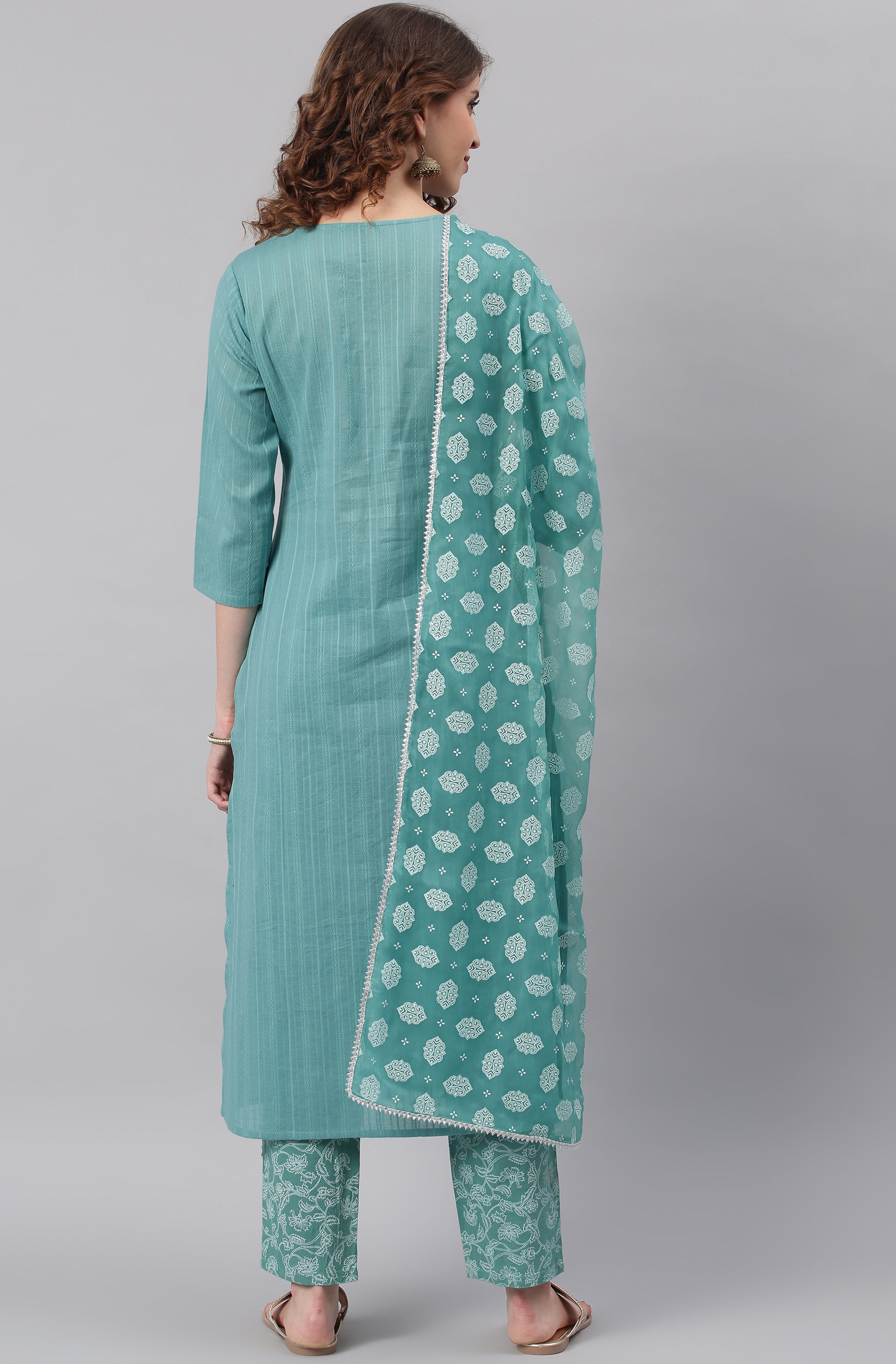 Janasya Women's Turquoise Cotton Striped Kurta With Pant And Dupatta