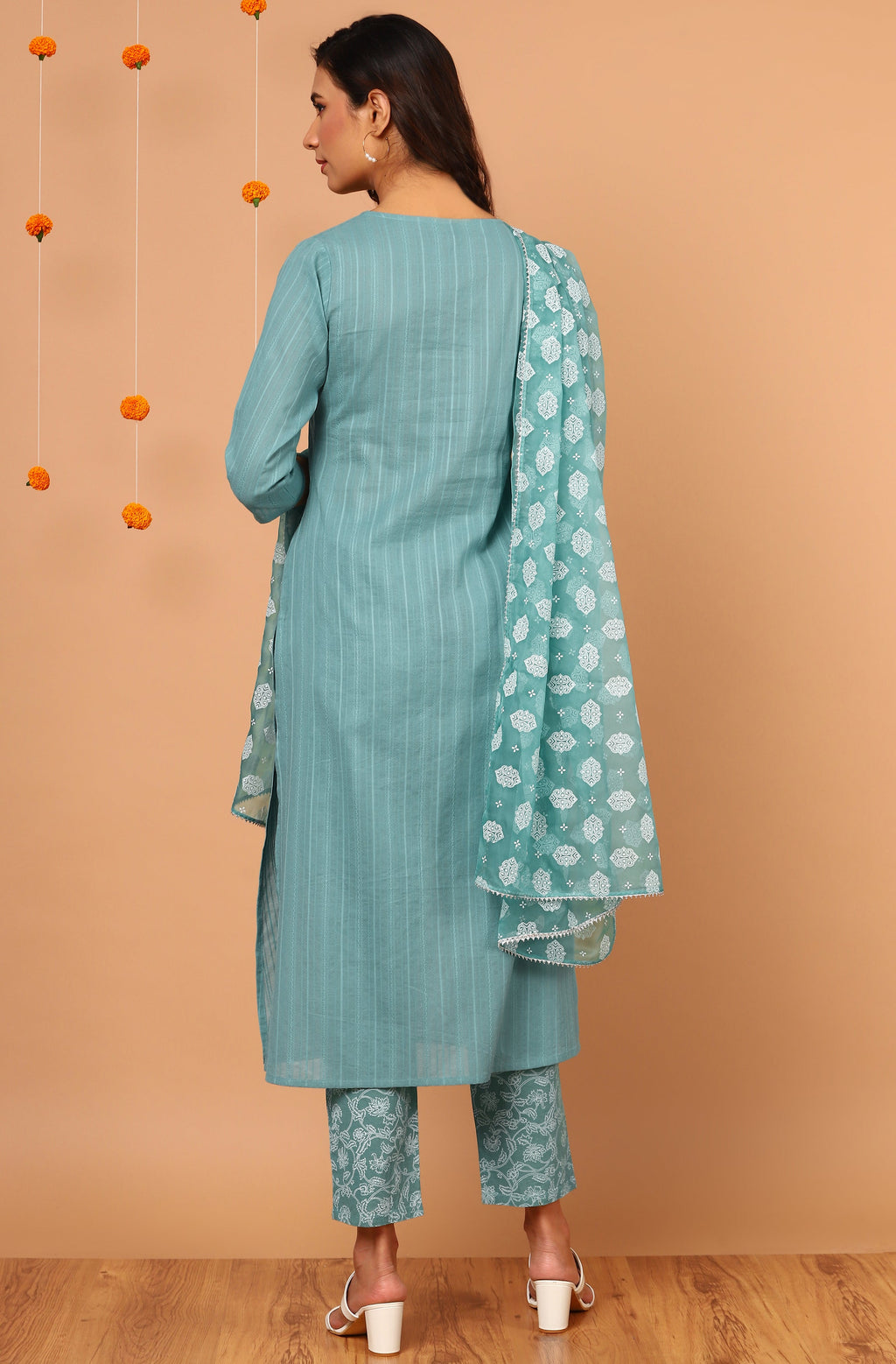 Janasya Women's Turquoise Cotton Striped Kurta With Pant And Dupatta