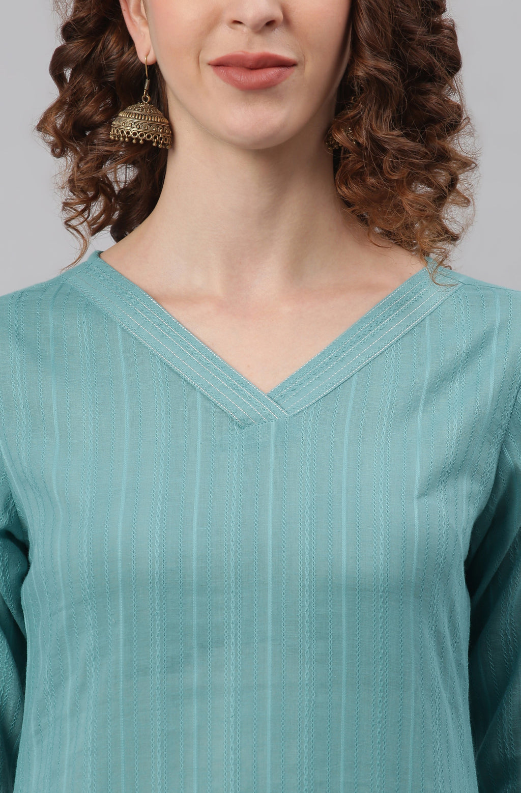 Janasya Women's Turquoise Cotton Striped Kurta With Pant And Dupatta