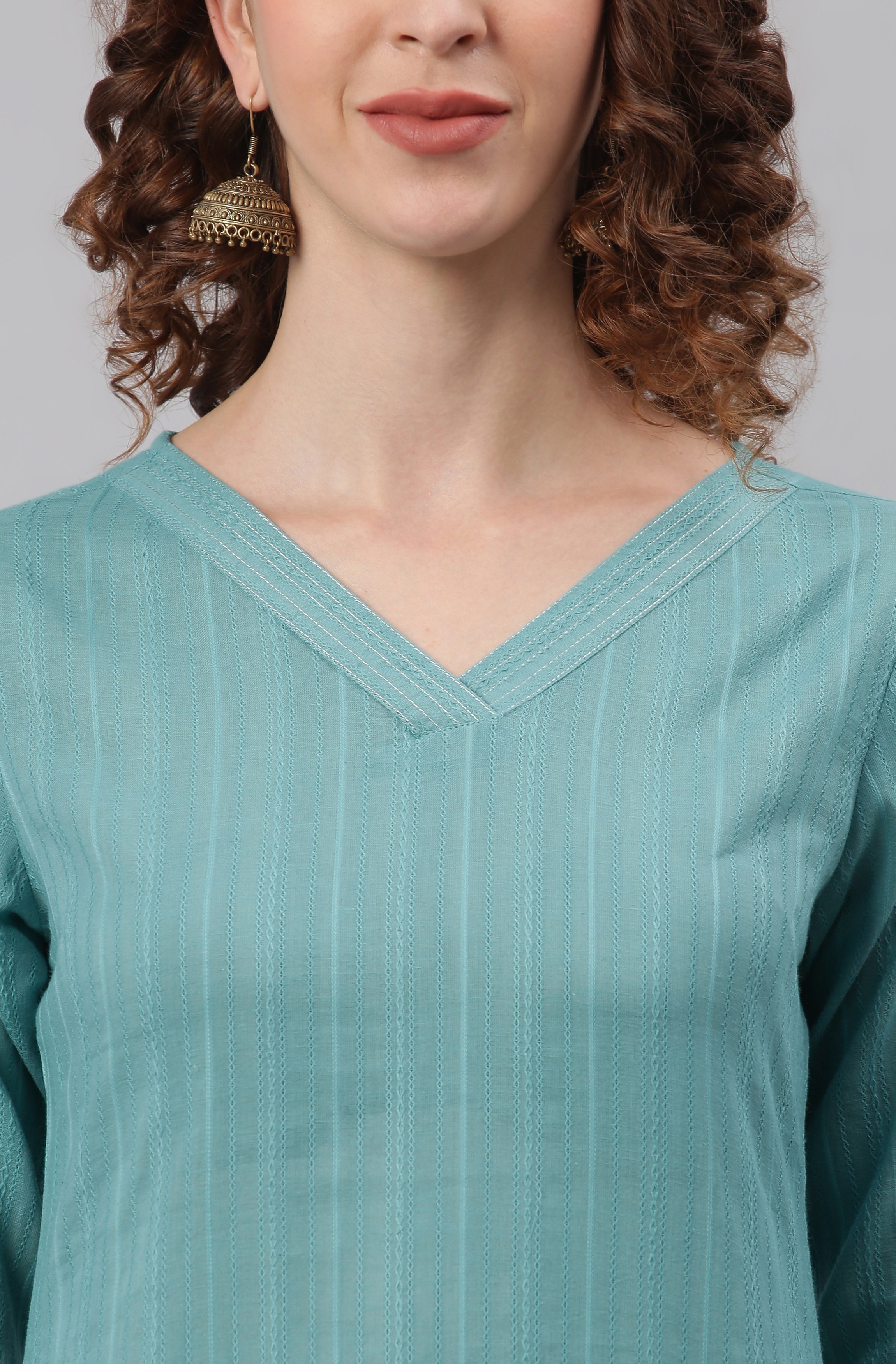 Janasya Women's Turquoise Cotton Striped Kurta With Pant And Dupatta