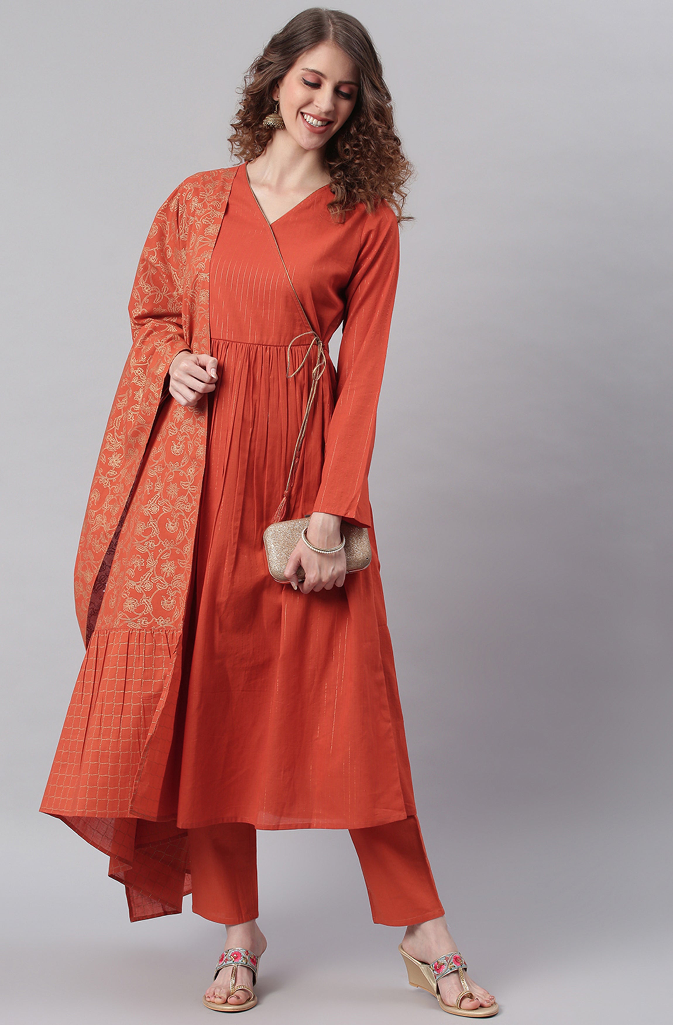 Janasya Women's Orange Cotton Striped Kurta With Pant And Dupatta