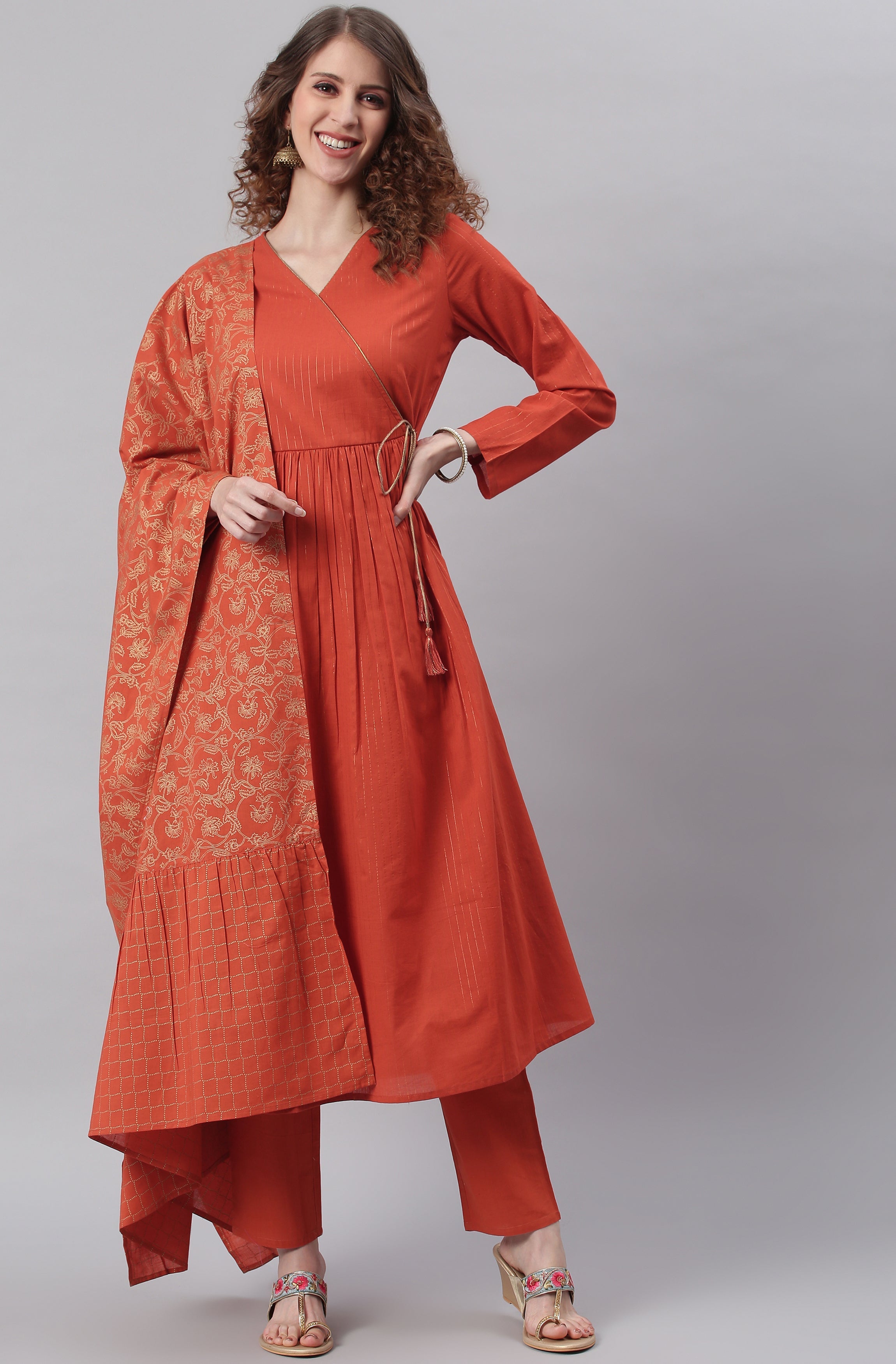 Janasya Women's Orange Cotton Striped Kurta With Pant And Dupatta
