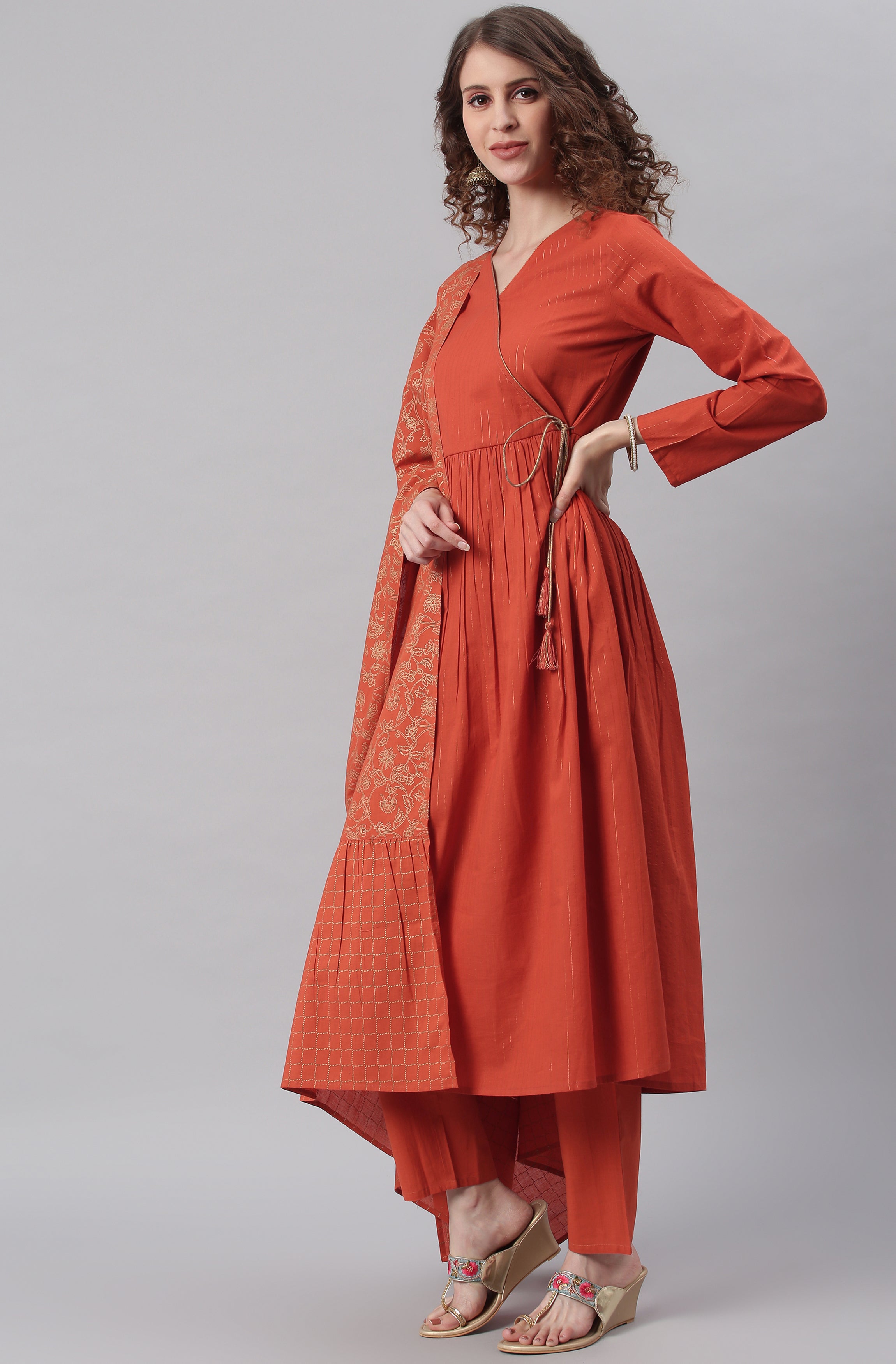 Janasya Women's Orange Cotton Striped Kurta With Pant And Dupatta