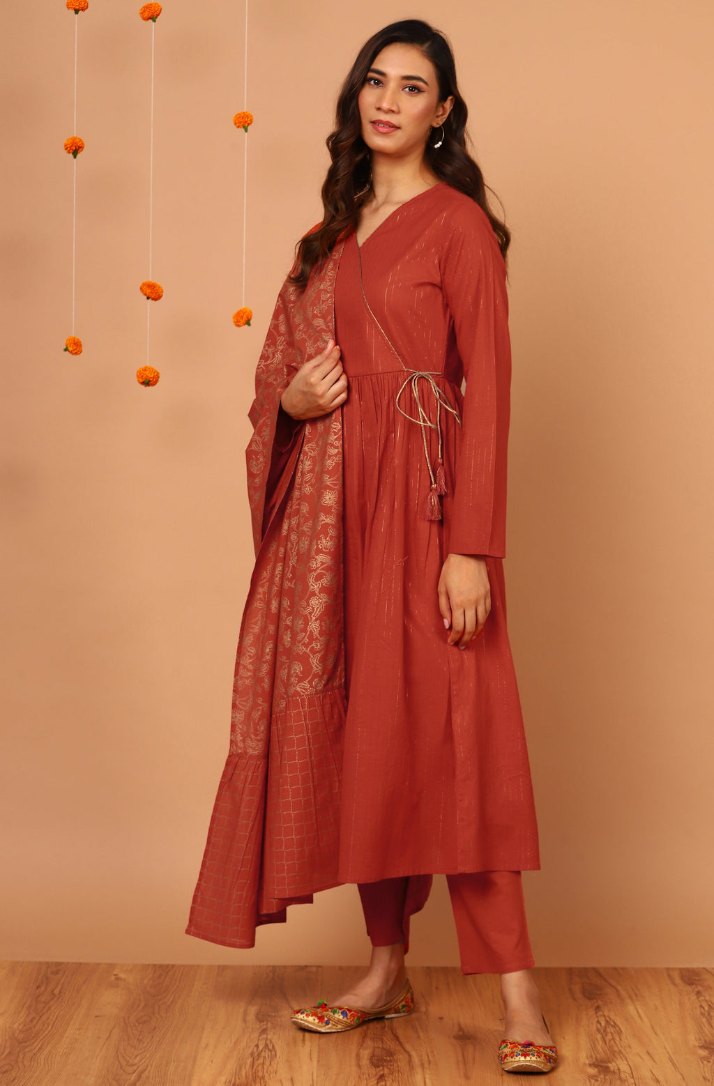 Janasya Women's Orange Cotton Striped Kurta With Pant And Dupatta
