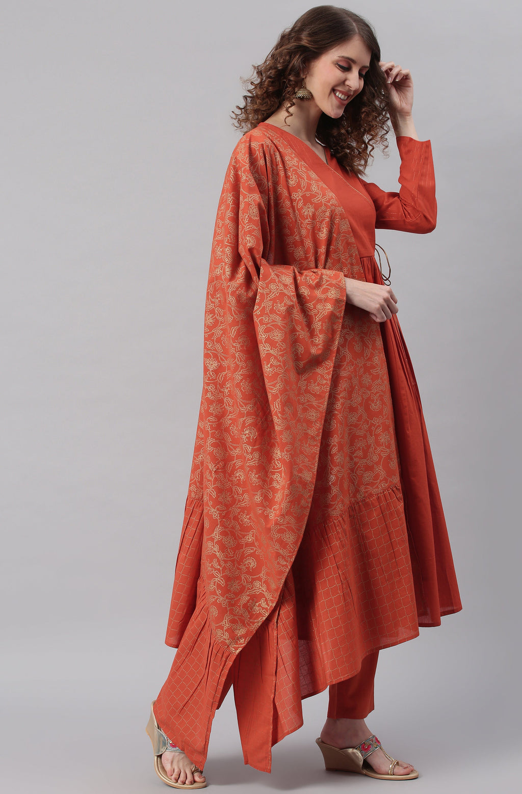 Janasya Women's Orange Cotton Striped Kurta With Pant And Dupatta