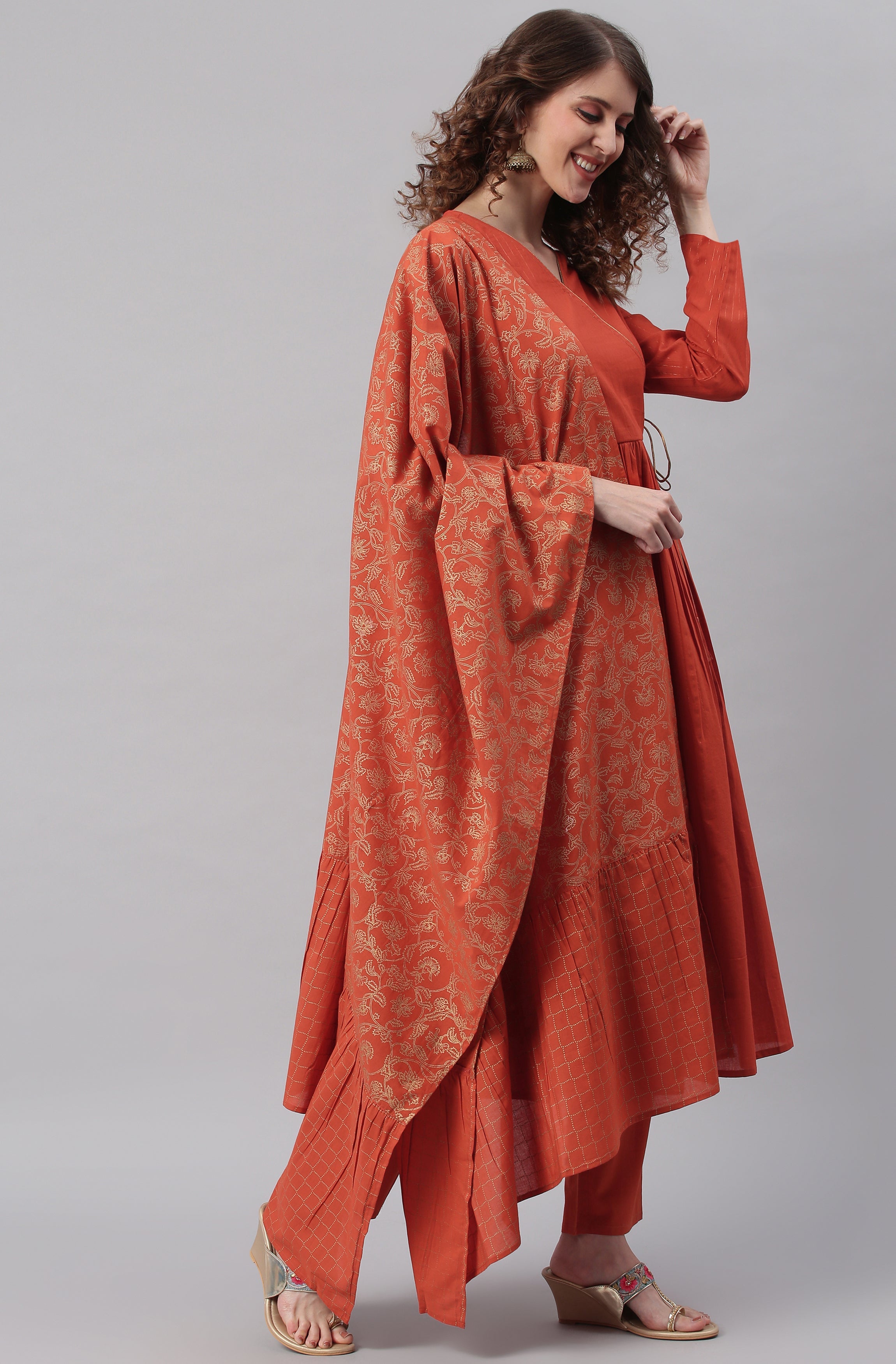 Janasya Women's Orange Cotton Striped Kurta With Pant And Dupatta