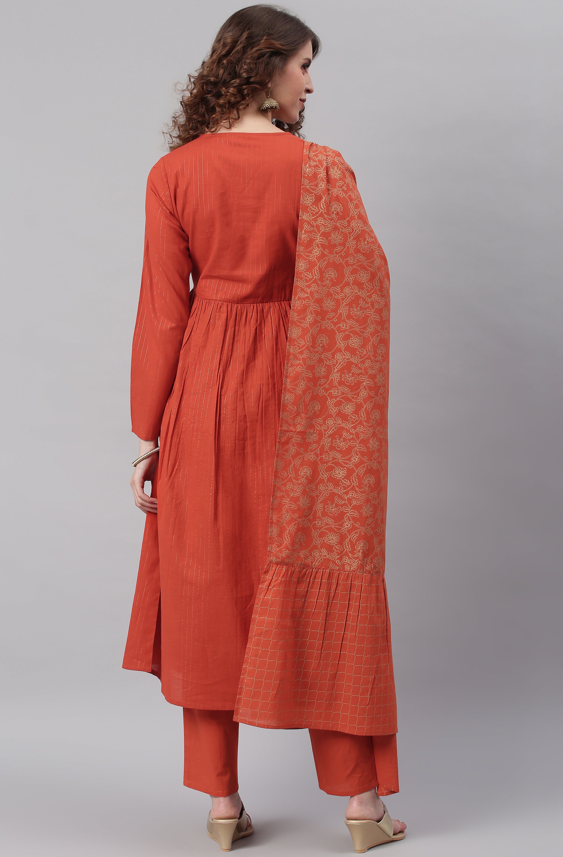 Janasya Women's Orange Cotton Striped Kurta With Pant And Dupatta