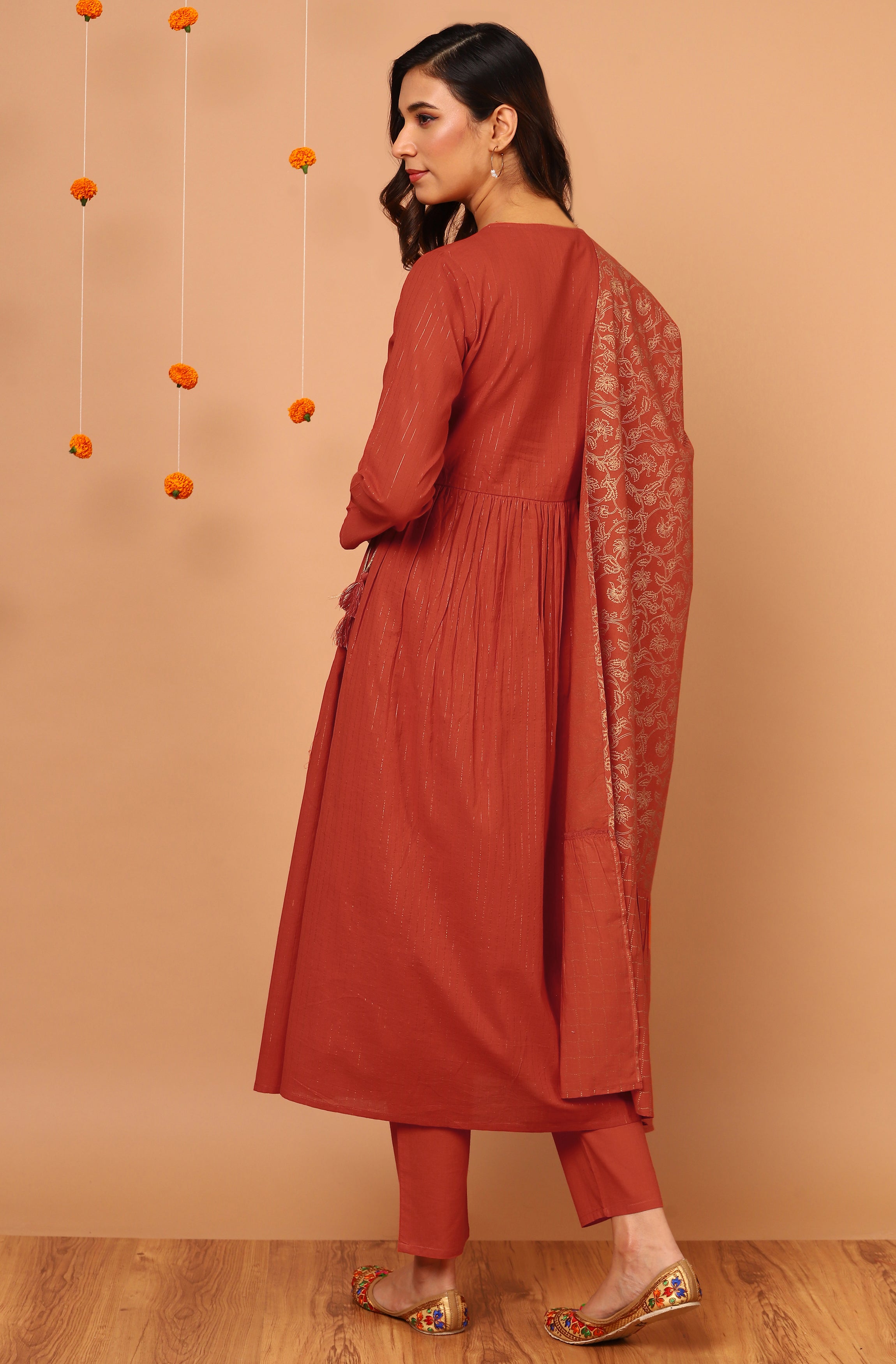 Janasya Women's Orange Cotton Striped Kurta With Pant And Dupatta