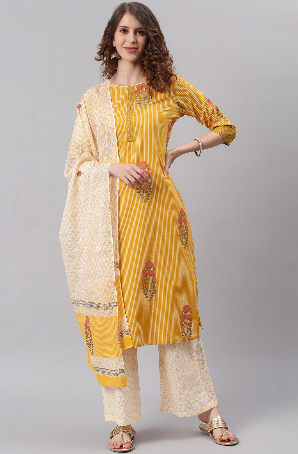 Janasya Women's Yellow Cotton Striped Kurta With Palazzo And Dupatta
