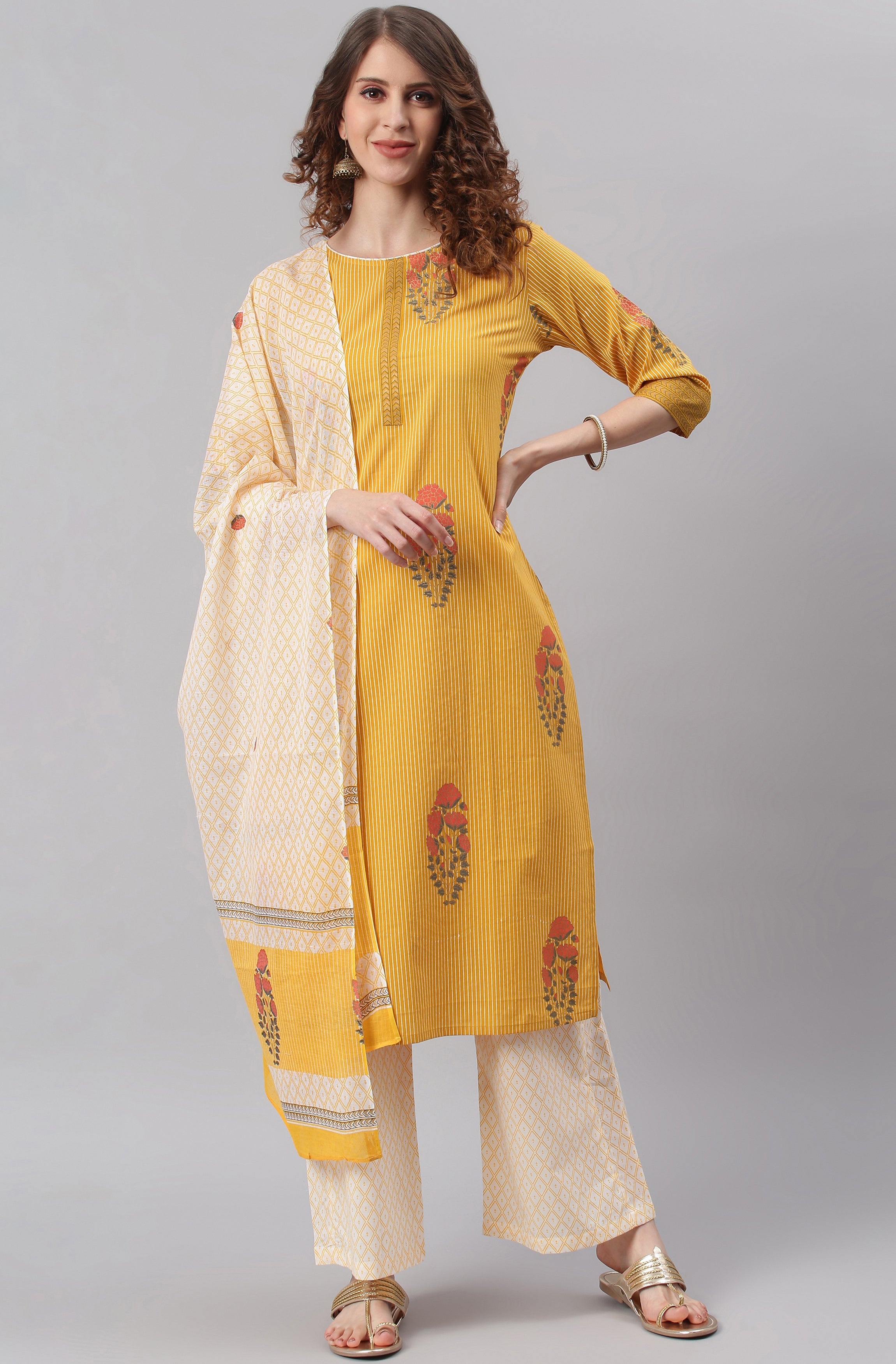 Janasya Women's Yellow Cotton Striped Kurta With Palazzo And Dupatta
