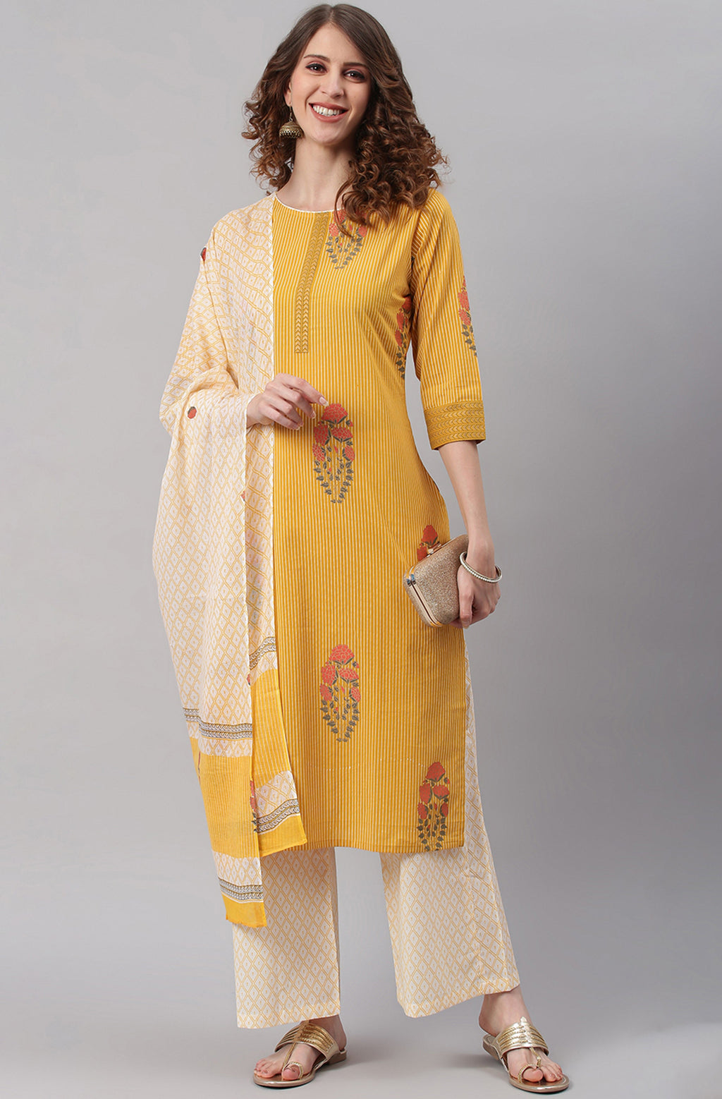 Janasya Women's Yellow Cotton Striped Kurta With Palazzo And Dupatta