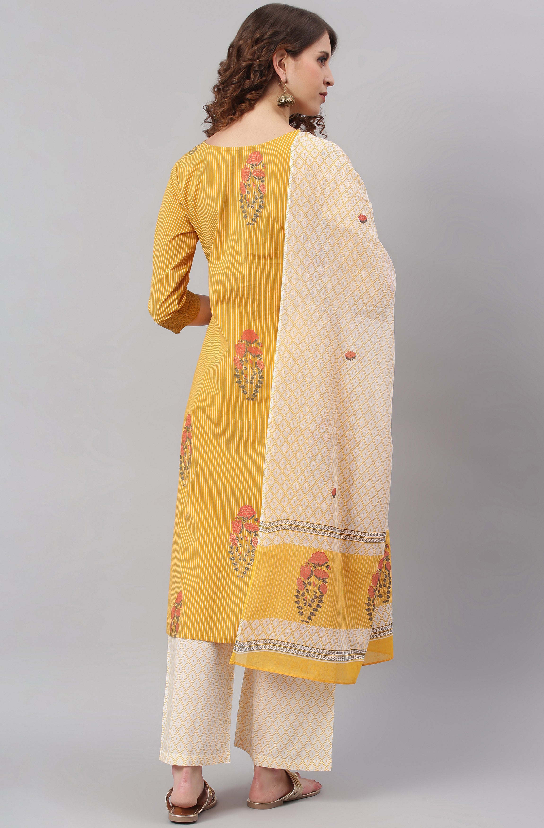 Janasya Women's Yellow Cotton Striped Kurta With Palazzo And Dupatta