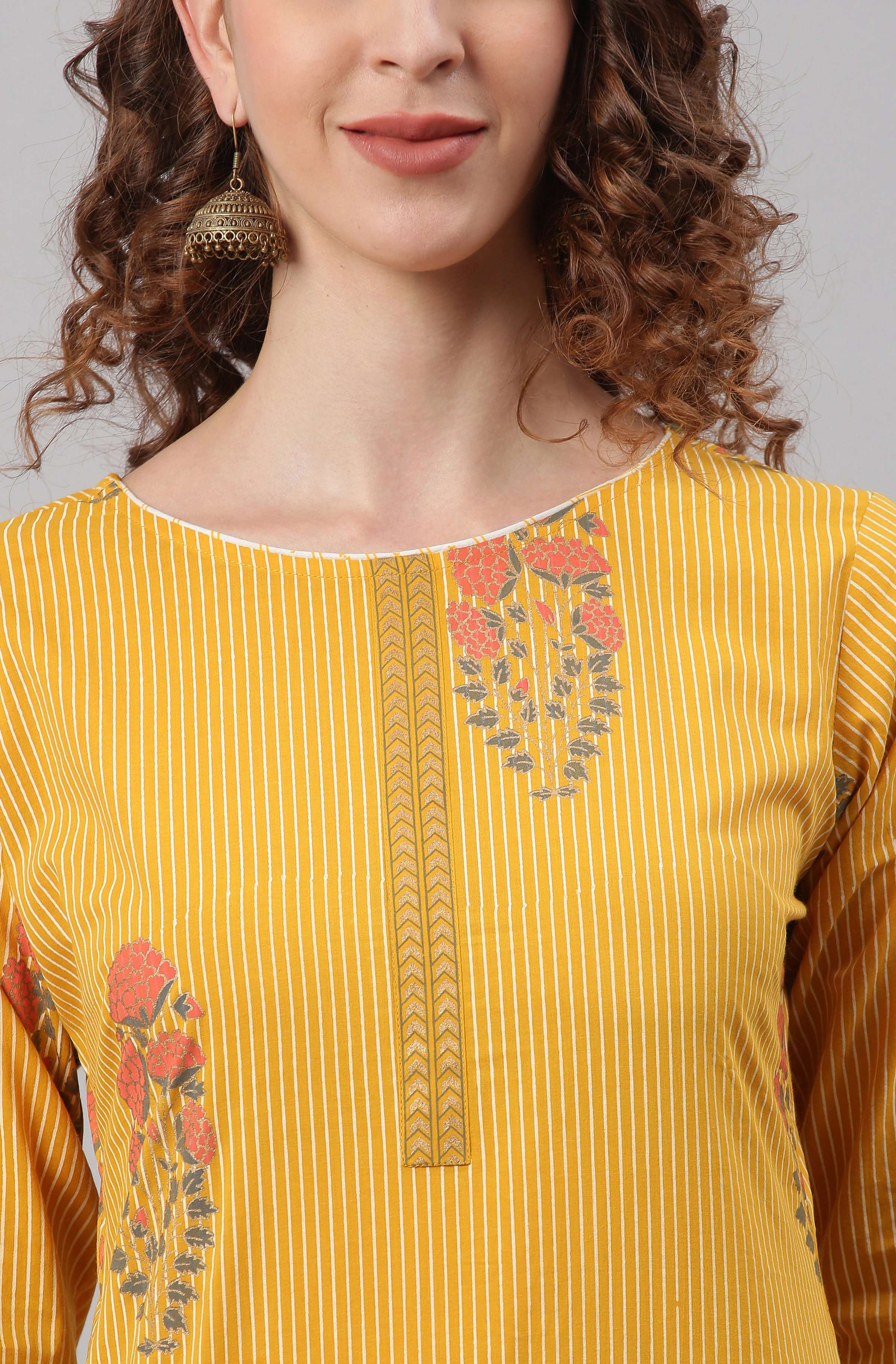 Janasya Women's Yellow Cotton Striped Kurta With Palazzo And Dupatta