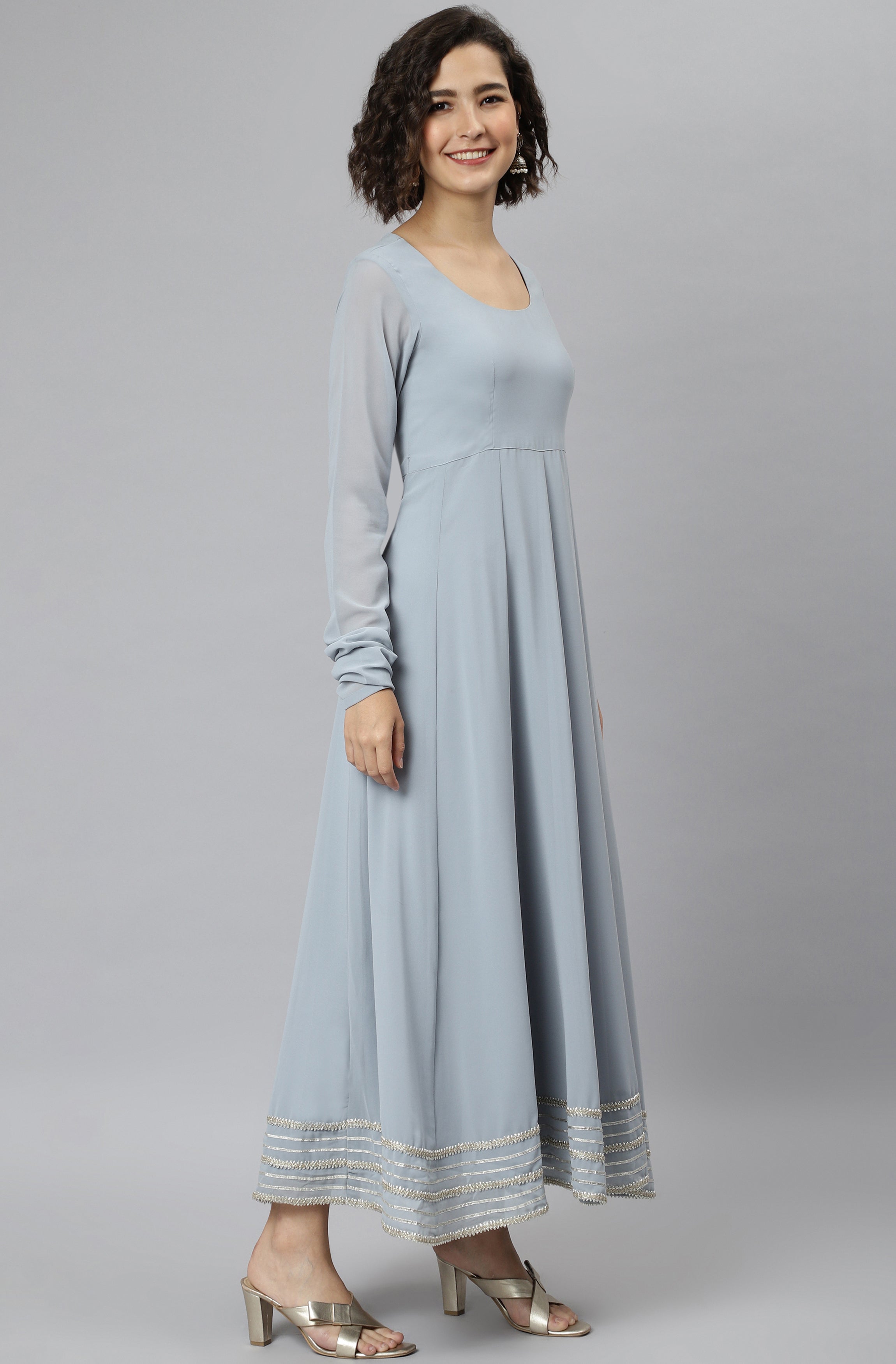 Janasya Women's Grey Poly Georgette Solid Kurta With Dupatta